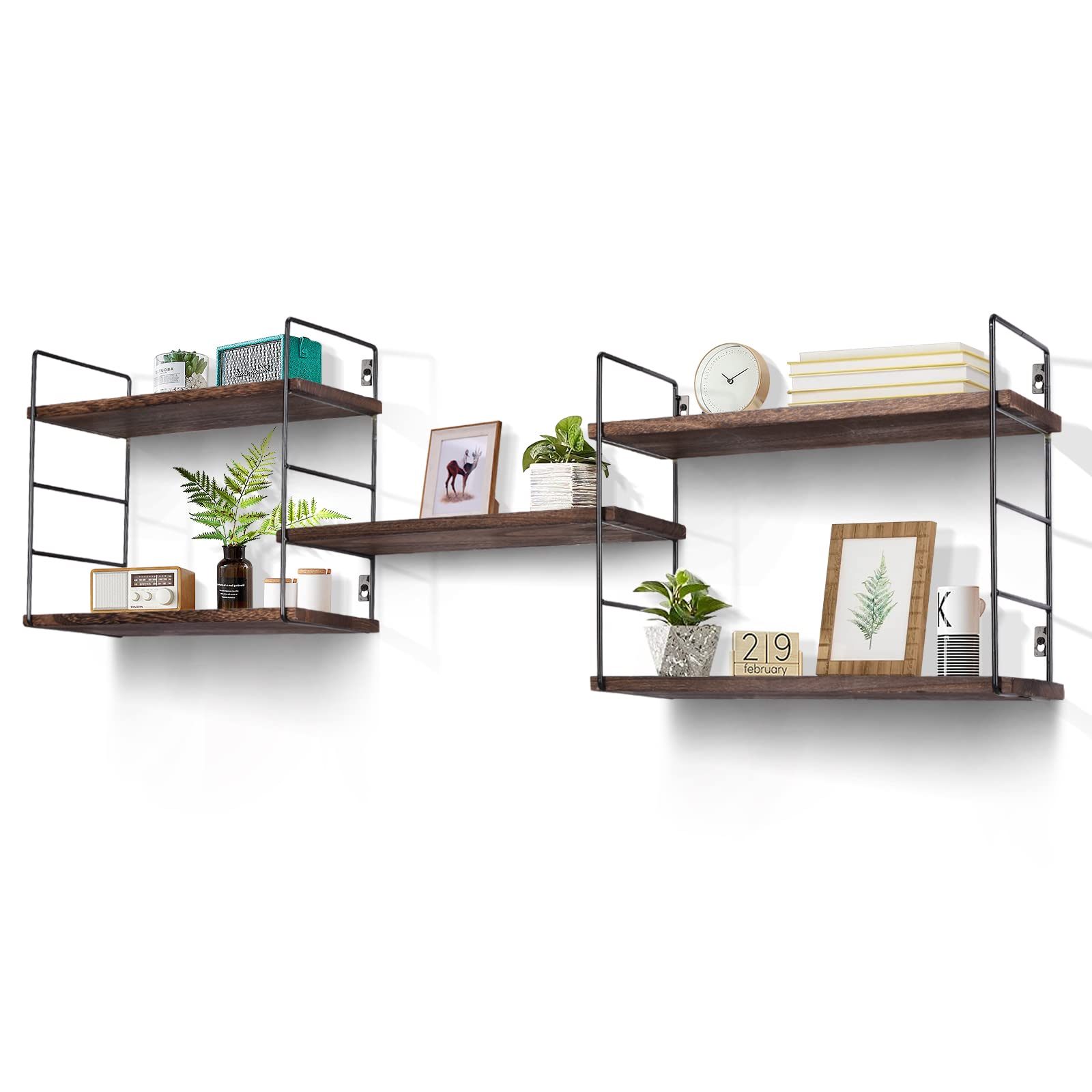 Premium Floating Shelves with Sturdy Metal Frame - Modern Wall Mounted Storage Shelves for Home & Office - Easy Install Durable Dark Brown Shelving - Perfect for Living Room, Bedroom, Kitchen & Workspace Organization