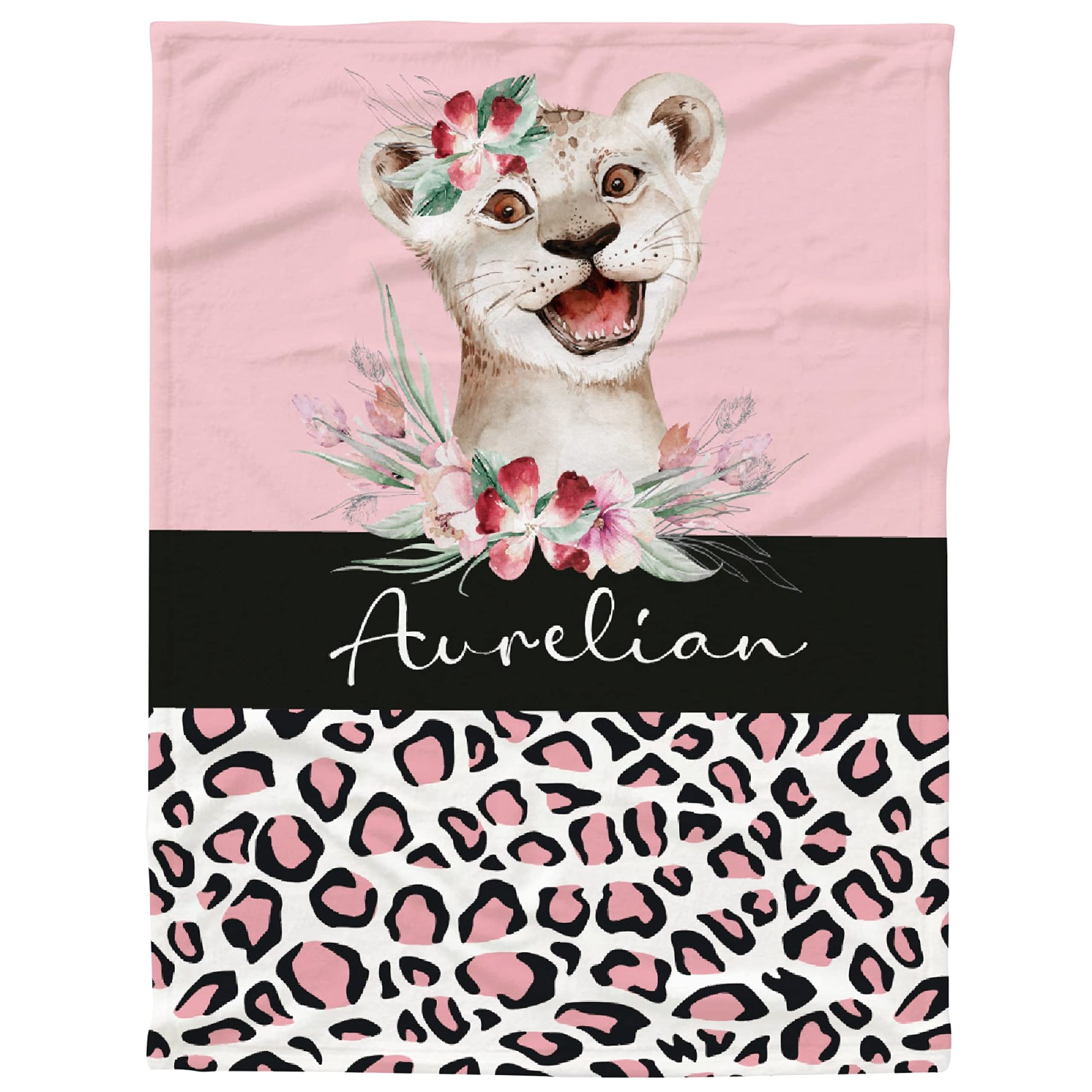 Personalized Baby Blanket with Name - Custom Leopard Lion Fleece Throw Blanket for Boys & Girls - Large 120