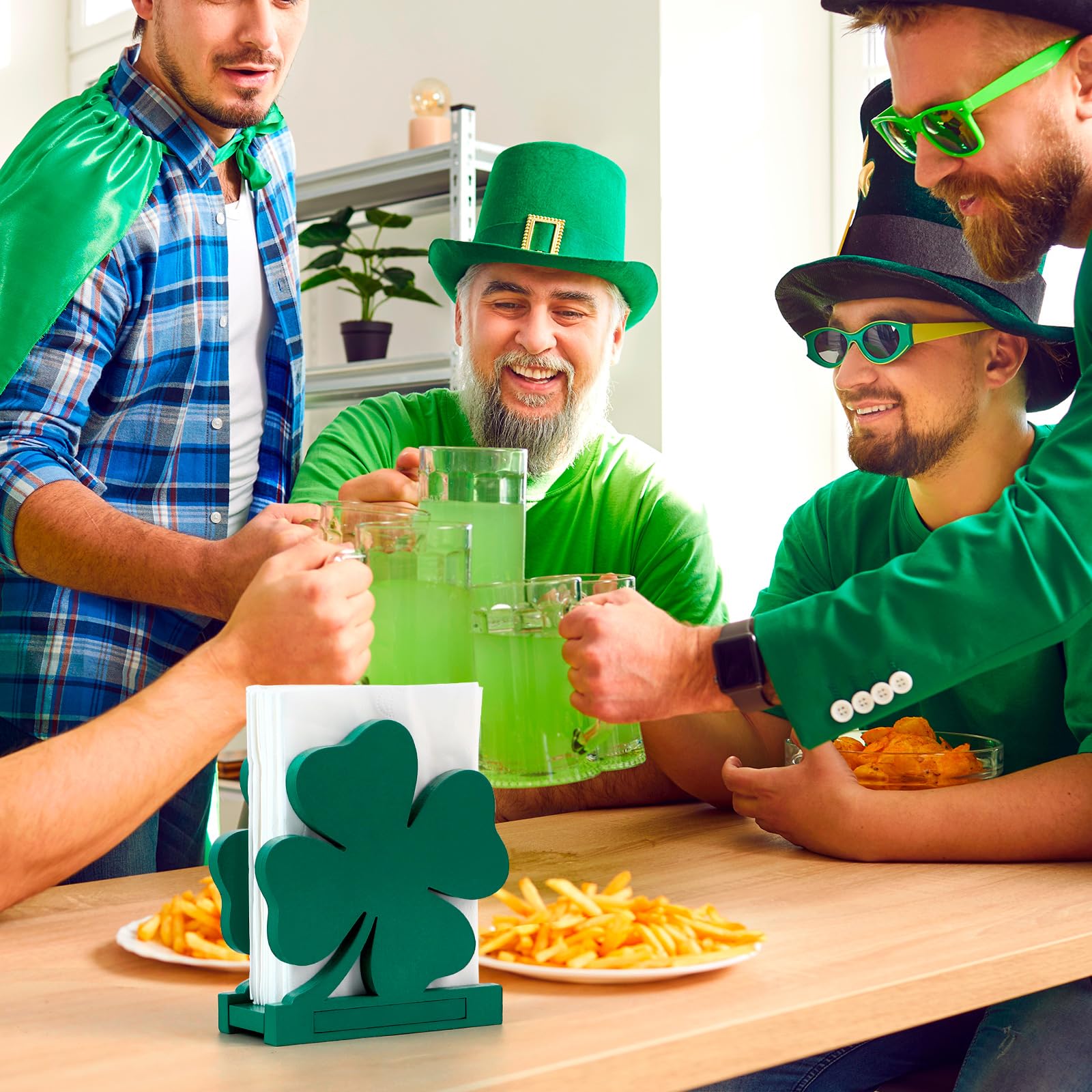 St. Patrick's Day Wooden Shamrock Napkin Holder - Green Irish-Themed Tissue Dispenser for Farmhouse & Modern Tables | Perfect for Cocktail Parties, Irish Decor & Kitchen Storage (Shamrock Design)