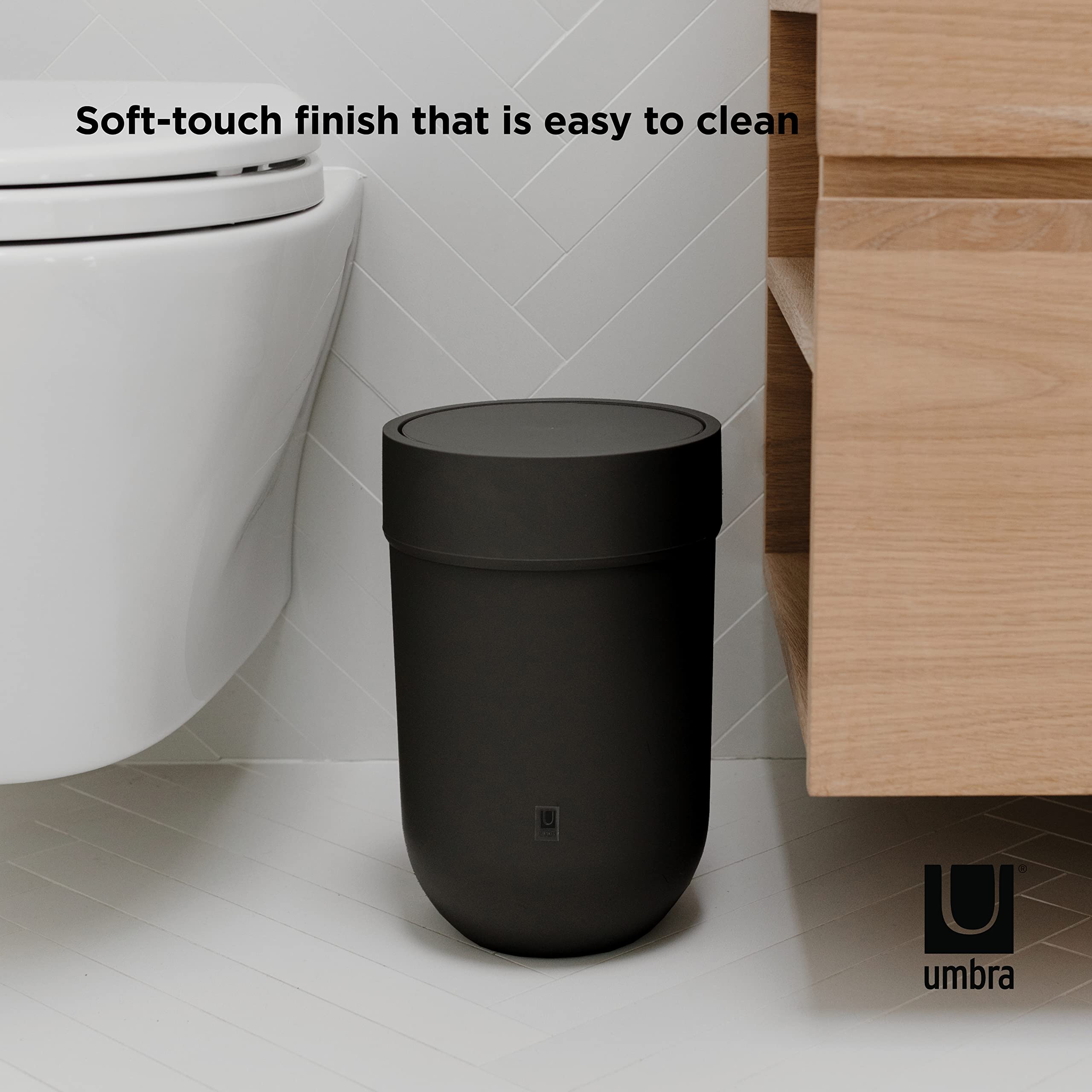 Umbra Touch Waste Can - Small Trash Can with Lid, Swing Lid Waste Basket for Bathroom, Kitchen & Office - Black Garbage Bin with Odor Control