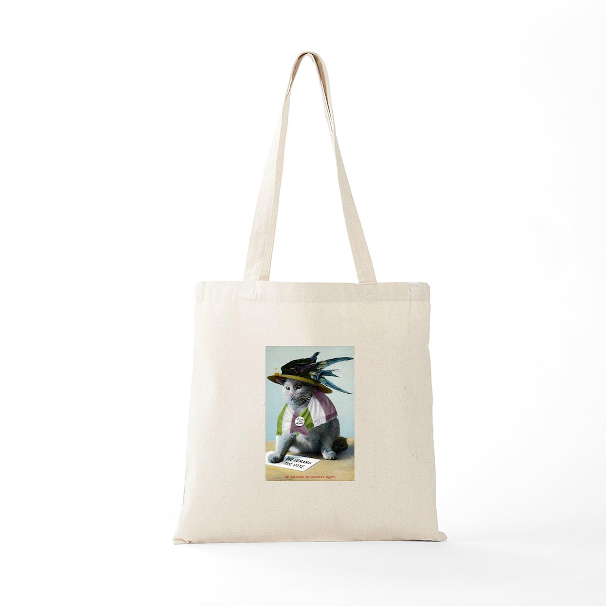 Suffragette Cat Tote Bag - Natural Canvas Reusable Shopping Bag for Women | Eco-Friendly Grocery Tote for Market, Beach & Work