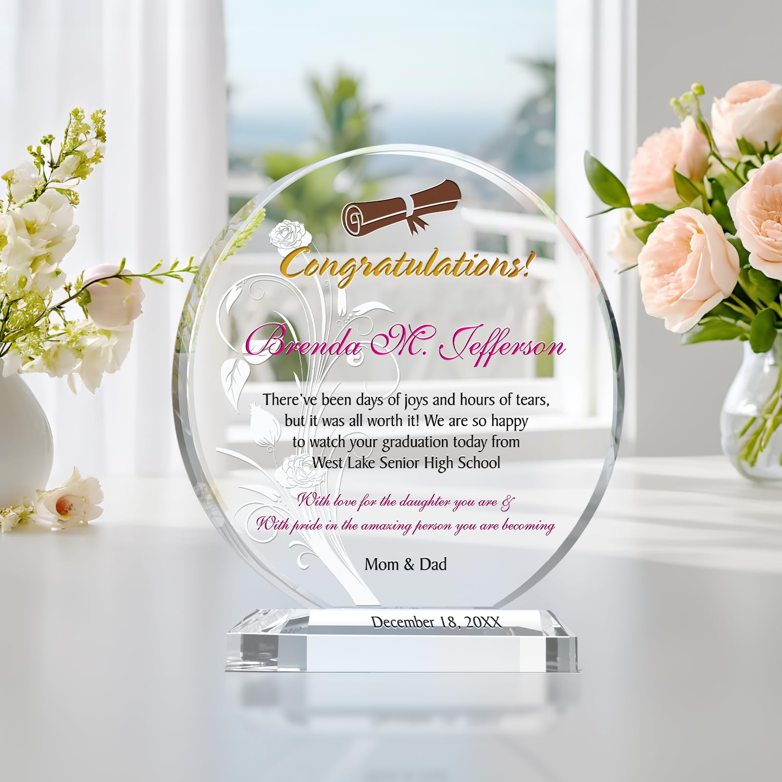 Personalized High School Graduation Gift for Daughter - Custom Engraved Crystal Award with Name, School & Date - Unique 6.5
