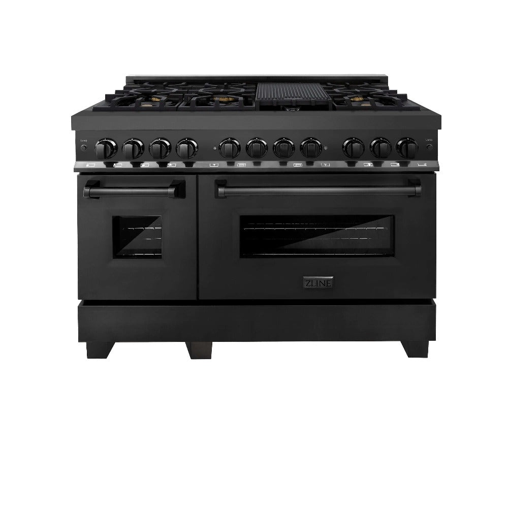 ZLINE 48 Inch Professional Kitchen Package - Black Stainless Steel Dual Fuel Range with Convertible Range Hood (2KP RABRH48) | Perfect for Home Chefs & Modern Kitchens