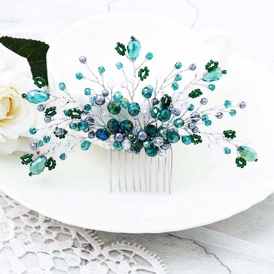 Elegant IYOU Bridal Wedding Hair Comb with Green Rhinestones & Beads - Princess Bridesmaid Hair Accessory for Women | Perfect for Weddings, Proms & Special Occasions