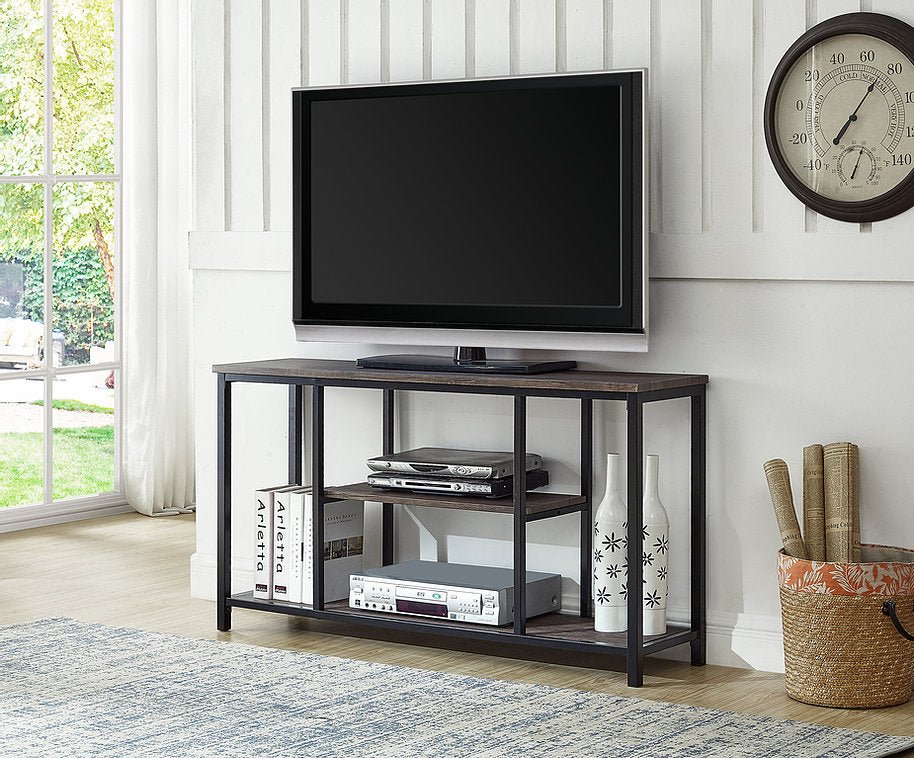 Distressed Wooden Top TV Stand with Metal Base - Rustic Entertainment Center for Living Room, Bedroom & Home Theater