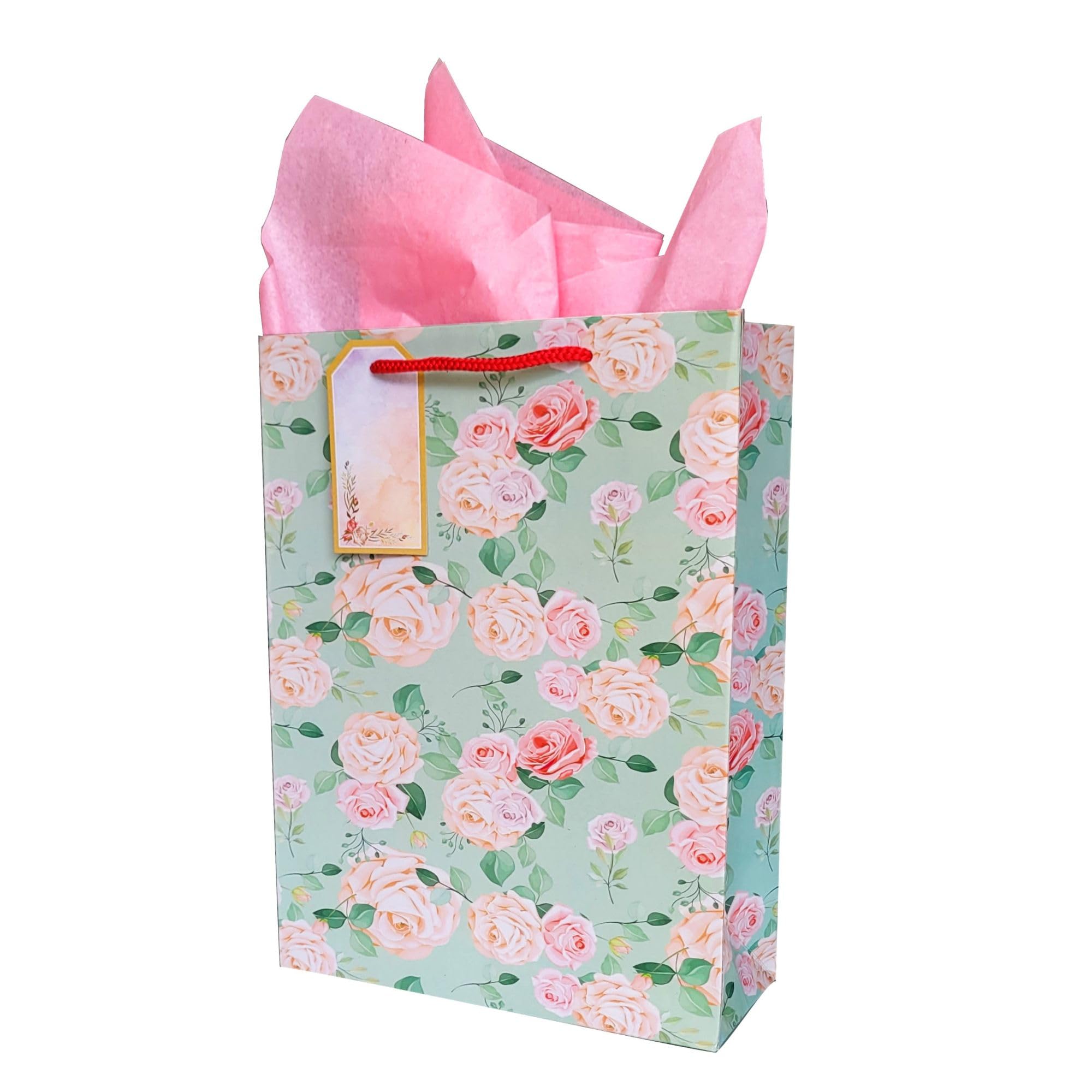 Eco-Friendly Green Paper Gift Bags with Tissue Paper & Thank You Card - Pack of 10 (12x9x3.5 Inches) - Perfect for Birthday Party Favors, Wedding Favors, Baby Shower Gifts & Corporate Events