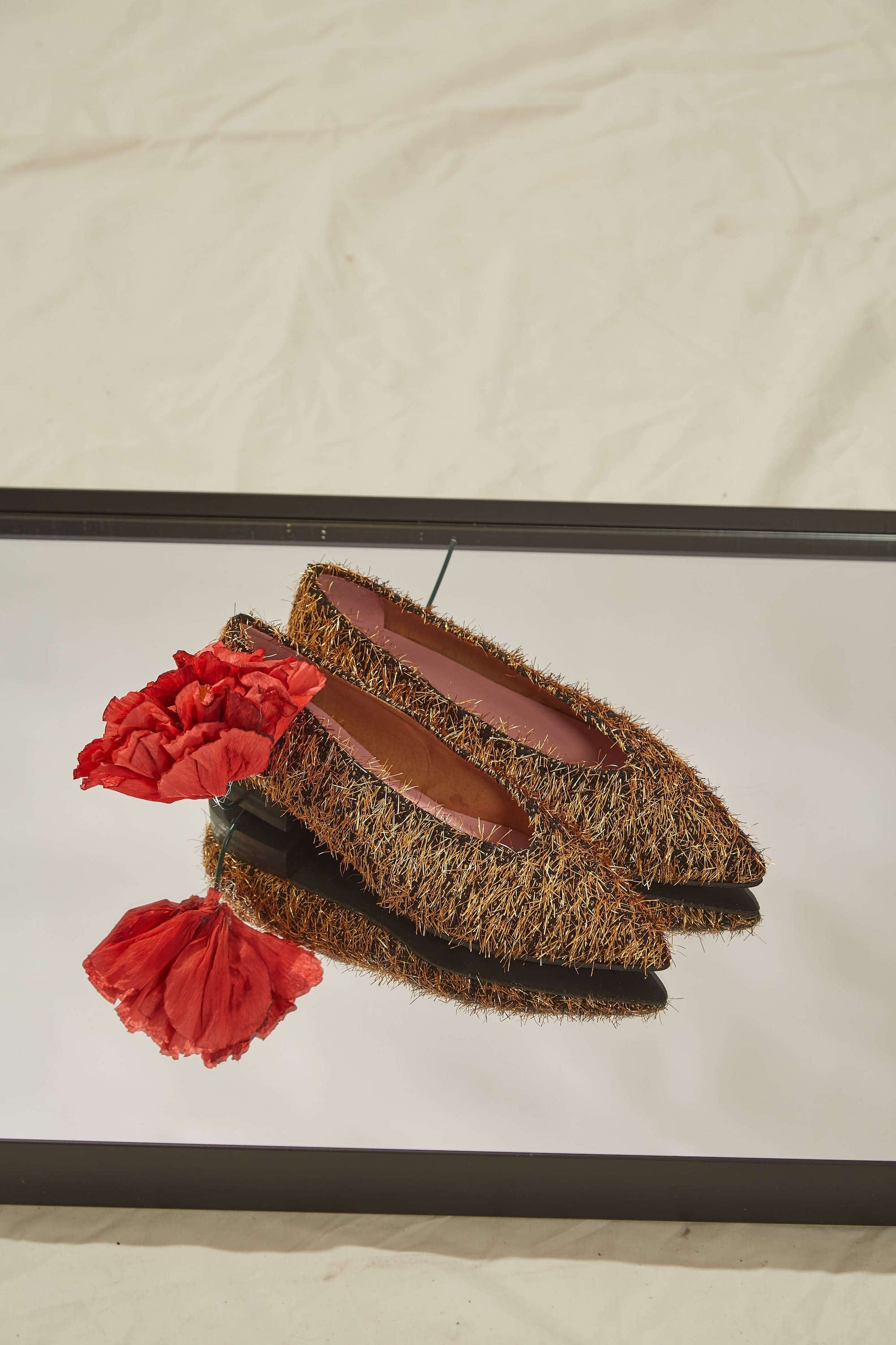 Vegan Ballet Flats for Women - Elegant Black & Gold Metal Furry Ballerina Shoes | Perfect for Casual Wear, Office, and Special Occasions