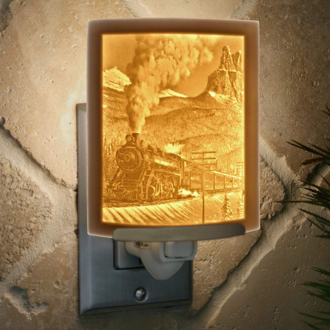 Porcelain Lithophane Steam Train Night Light - Railroad Themed Plug-in Wall Decor for Nursery, Bedroom, Kitchen, Bathroom & Hallway | Perfect for Kids' Rooms, Home Theater Accent Lighting & Train Enthusiast Gifts