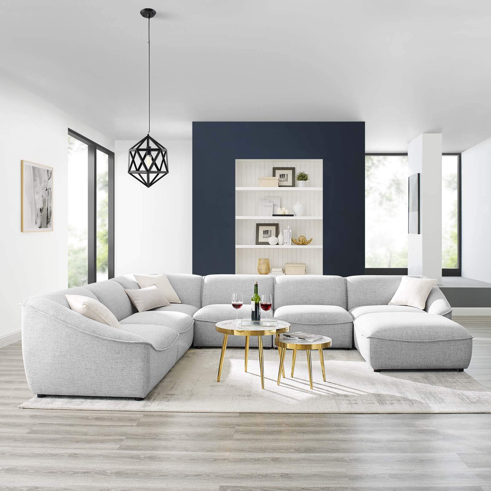 Modway Comprise 7-Piece Fabric Upholstered Sectional Sofa Set in Light Gray - Modern Living Room Furniture for Small Spaces & Family Gatherings