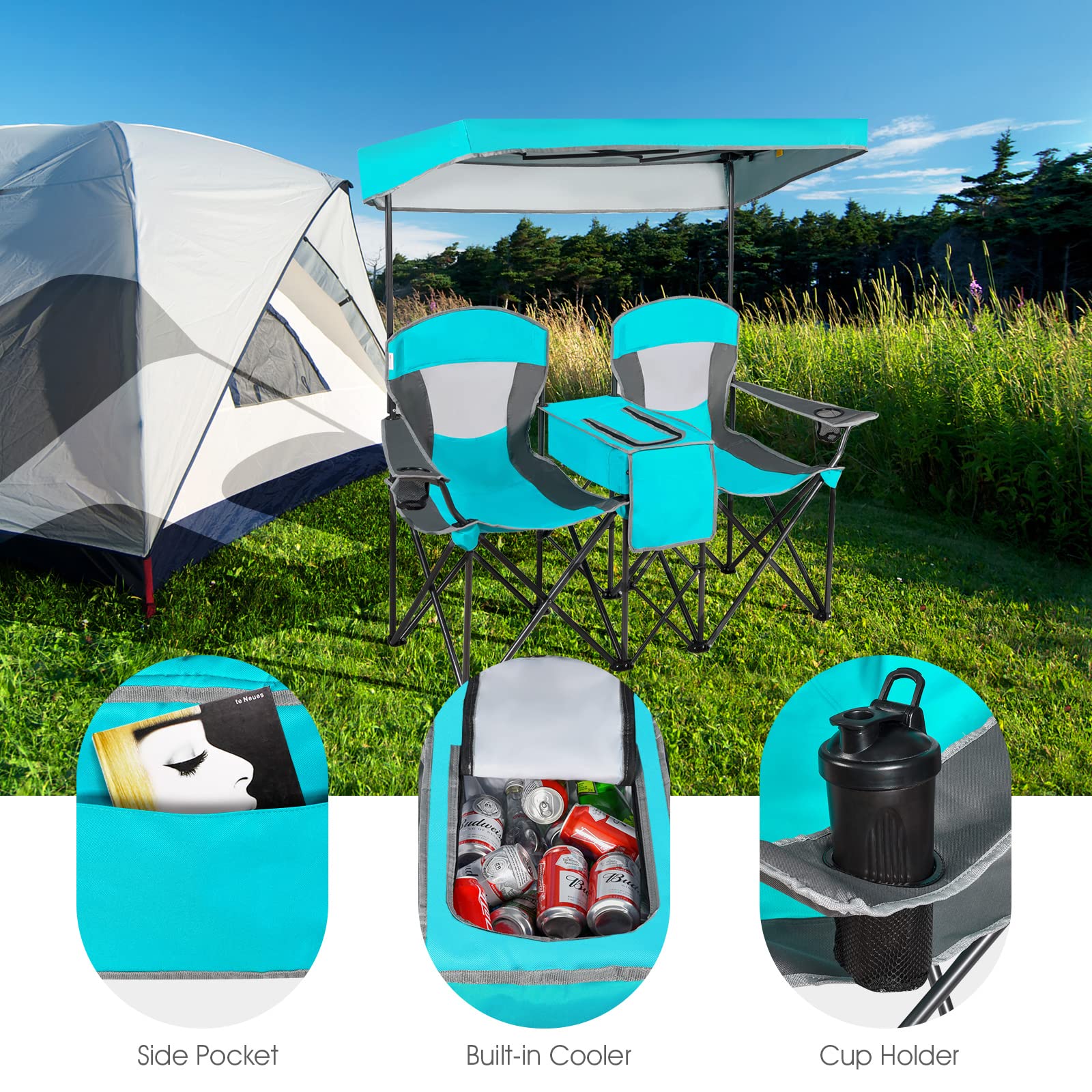**SAFSTAR Double Camping Chair with Canopy Shade - Portable Folding Loveseat with Mini Table, Cup Holder & Carrying Bag - Outdoor Beach, Lawn, Picnic & Camping Chairs (Turquoise) - Perfect for Couples, Backyard Relaxing & Beach Vacations**