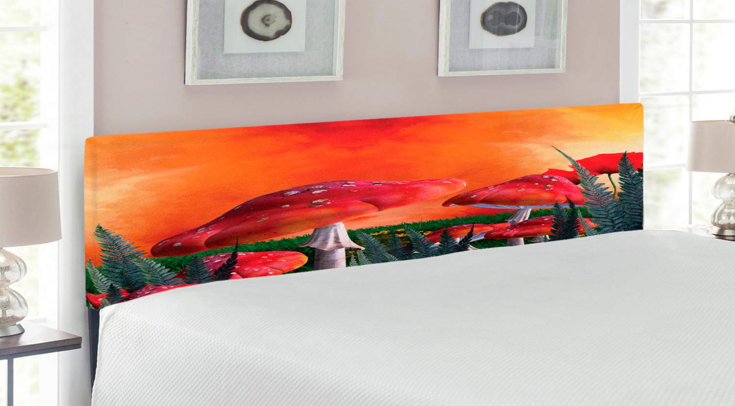 Ambesonne Mushroom Headboard King Size - Upholstered Decorative Metal Bed Headboard with Memory Foam in Orange Red Taupe | Whimsical Mushroom Design with Magic Clouds, Leaves & Poppies | Perfect for Fantasy Bedrooms & Boho Home Decor