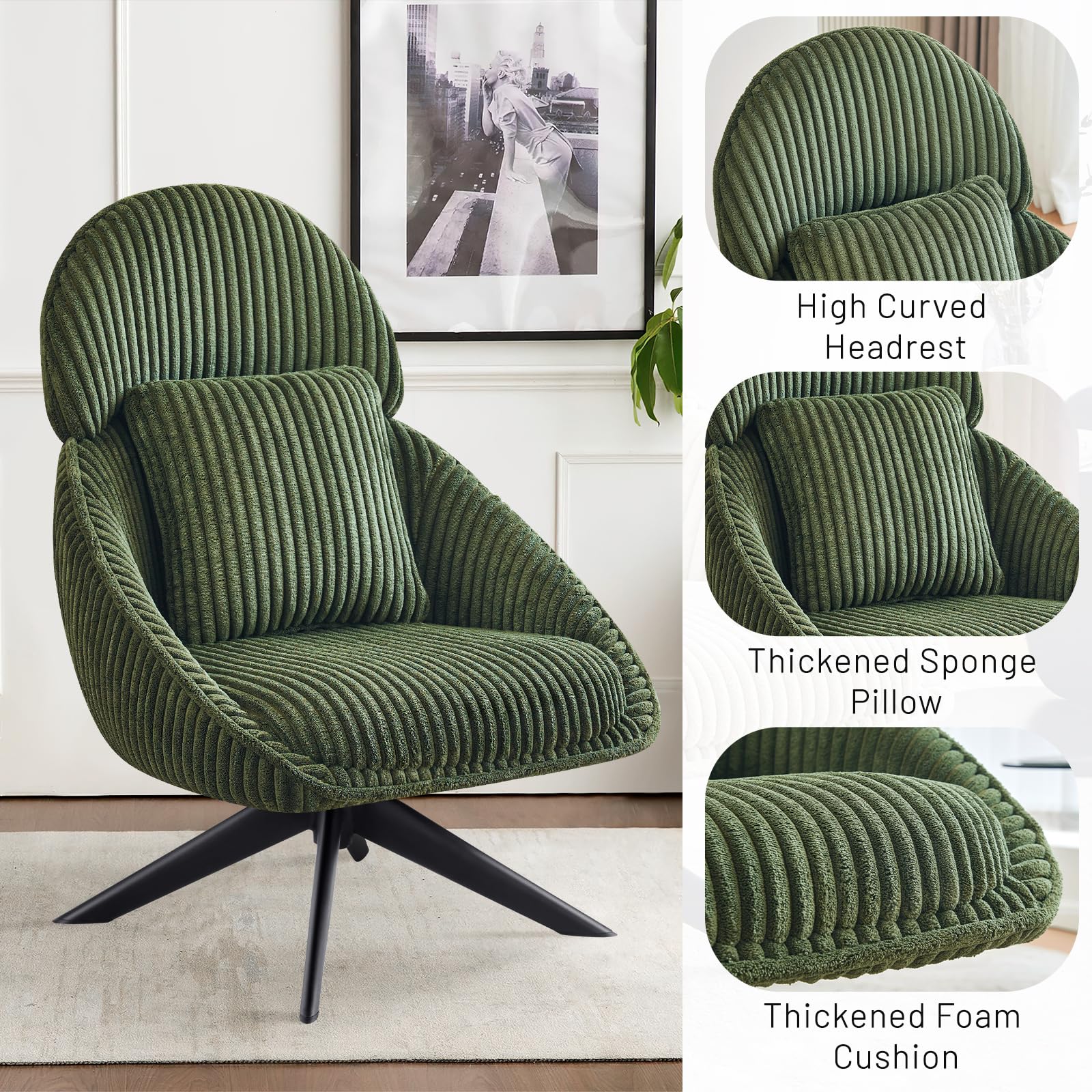 Furniliving Modern Upholstered Swivel Accent Chair - Green Corduroy Armchair with Headrest & Metal Legs for Living Room, Bedroom, Office | Comfortable Lounge Chair with Pillow for Relaxing, Reading & Entertaining