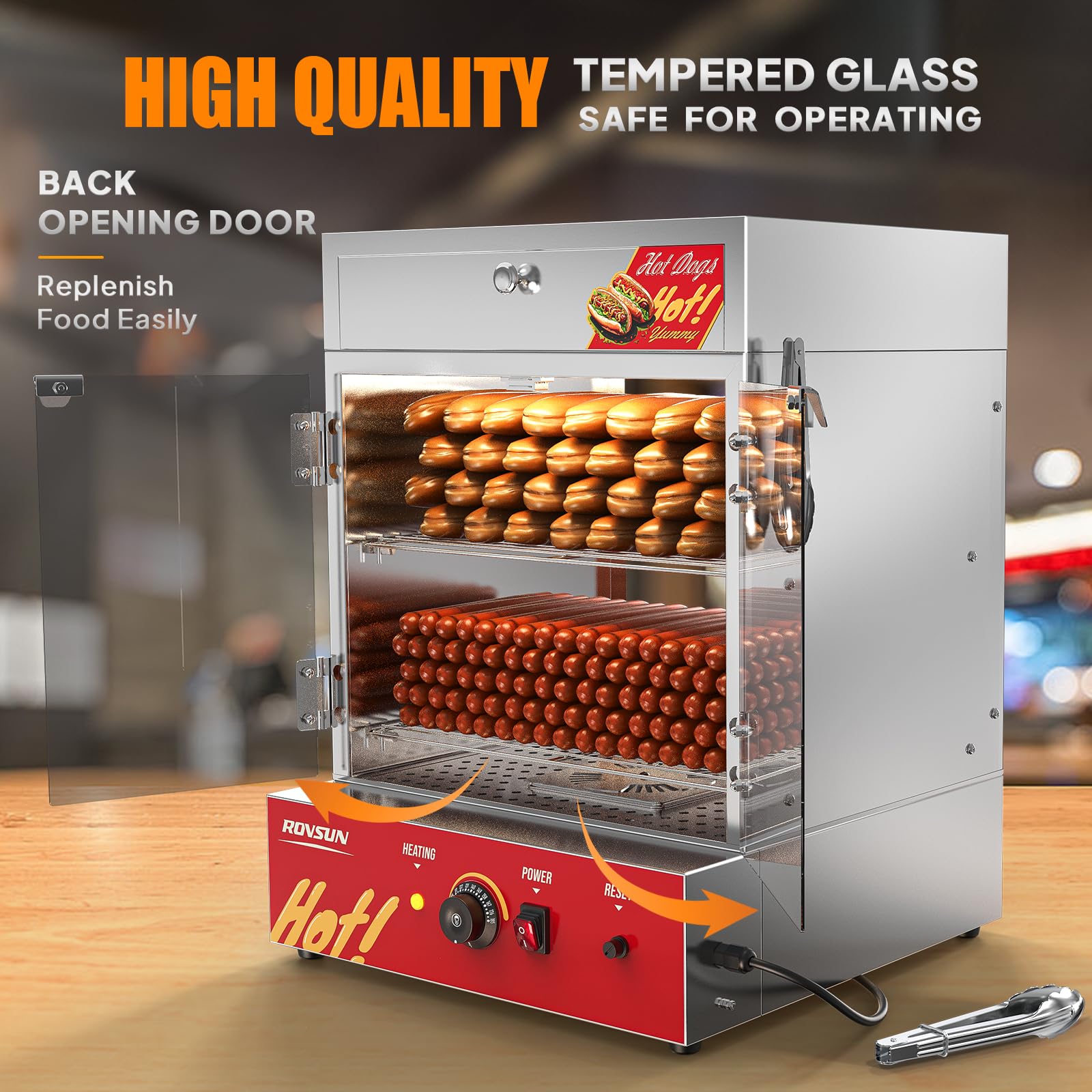 ROVSUN 49QT/46L Commercial Hot Dog Steamer & Bun Warmer - 2-Tier Stainless Steel Food Steamer for 270 Hot Dogs & 58 Buns - Includes Removable Shelves, Drawer & Food Clip - Perfect for Party Events, Concession Stands & Food Trucks