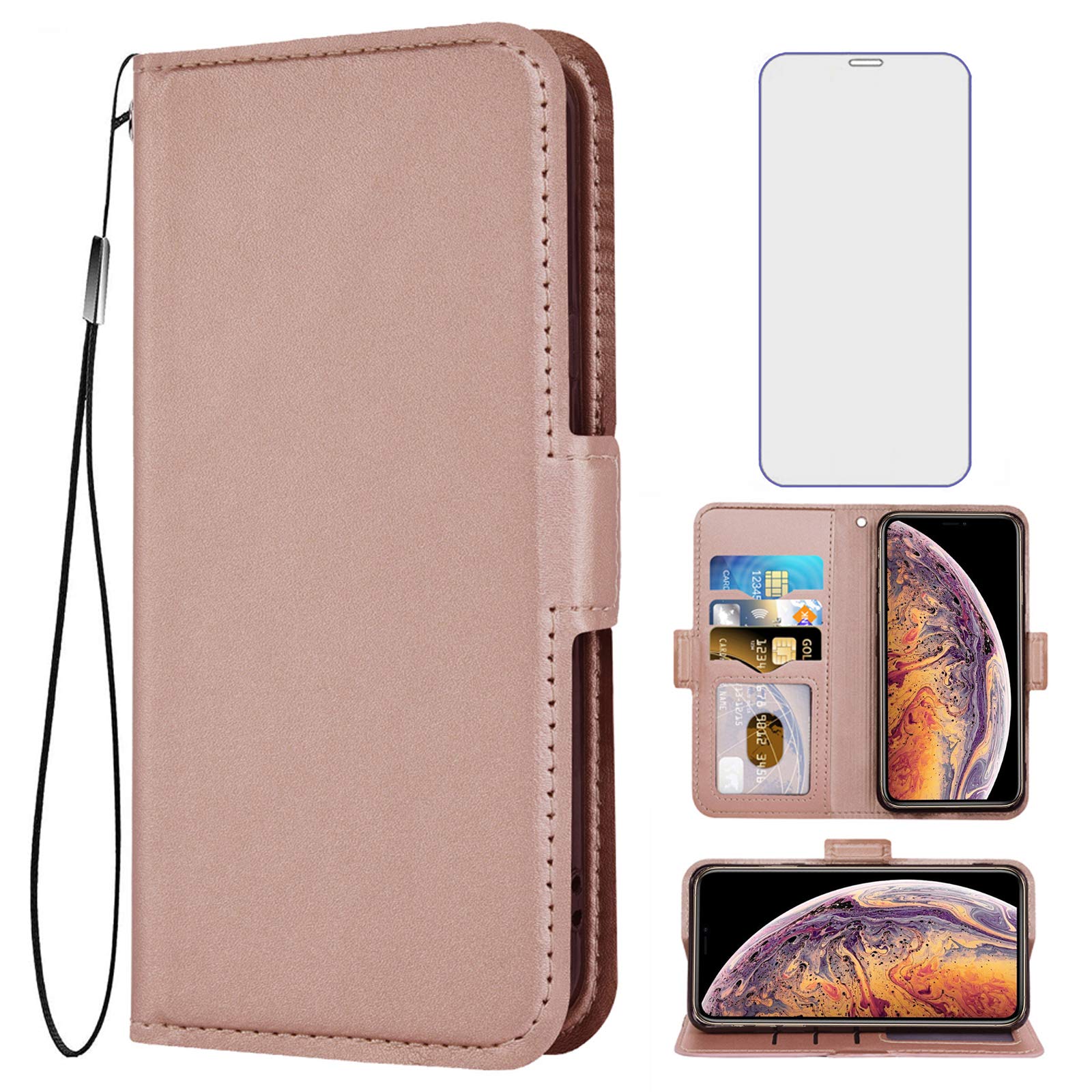 Premium Leather Wallet Case for iPhone Xs Max - Compatible with iPhone X/XS/XR/Xs Max/10/10S/10 Plus | RFID Blocking Card Holder, Tempered Glass Screen Protector | Women's Rose Gold Design for Everyday Use & Travel