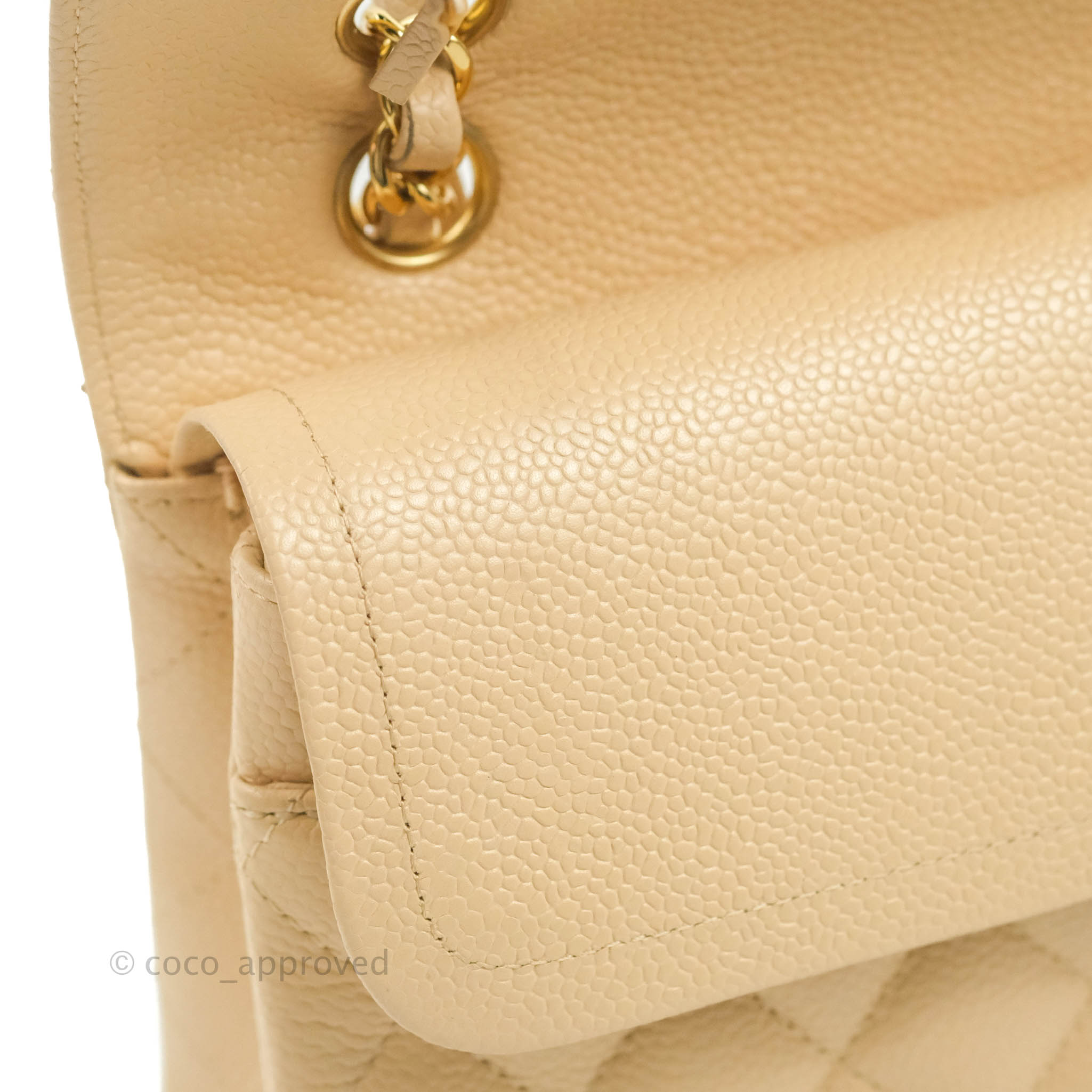 Chanel Classic M/L Medium Flap Bag - Quilted Beige Caviar Leather with Gold Hardware | Luxury Shoulder Bag for Women, Perfect for Work, Parties & Special Occasions
