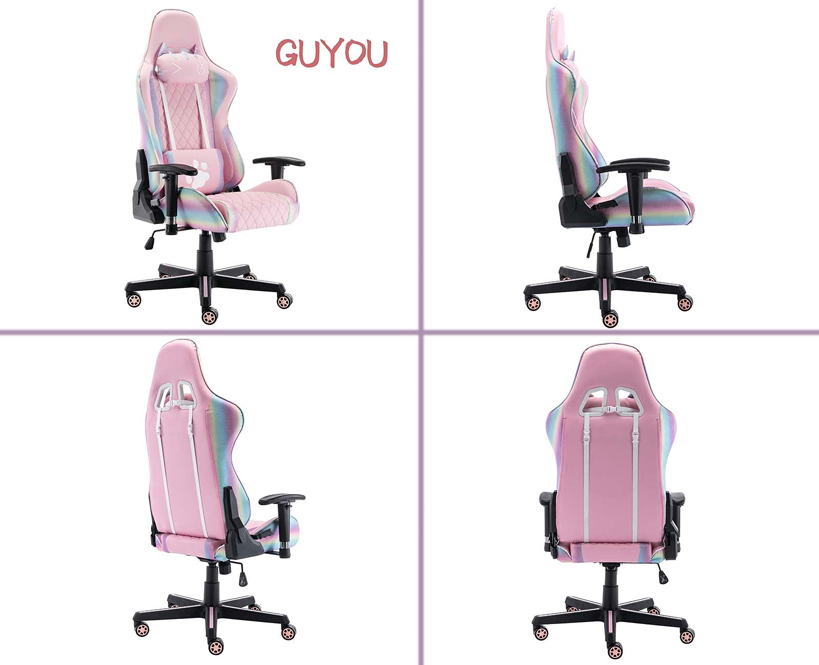 Pink Gaming Chair with Lumbar Support & Kitty Headrest - Ergonomic Office Computer Desk Chair for Women, Perfect Gift for Girlfriend (Black Rainbow) - Ideal for Gaming Setups, Home Office & Streaming Stations