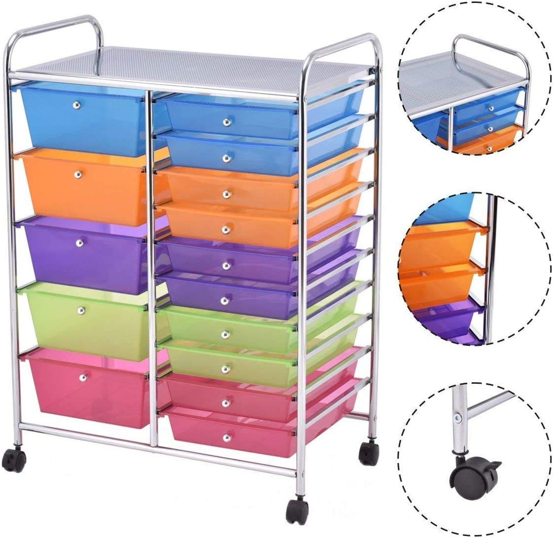 15-Tier Rolling Storage Cart with 4 Wheels - Moccha Drawer Organizer for Cosmetics, Office Supplies & Files | Perfect for Home, Studio & Office Organization (Rainbow) - Ideal for Makeup Storage, Craft Room & Workspace Organization