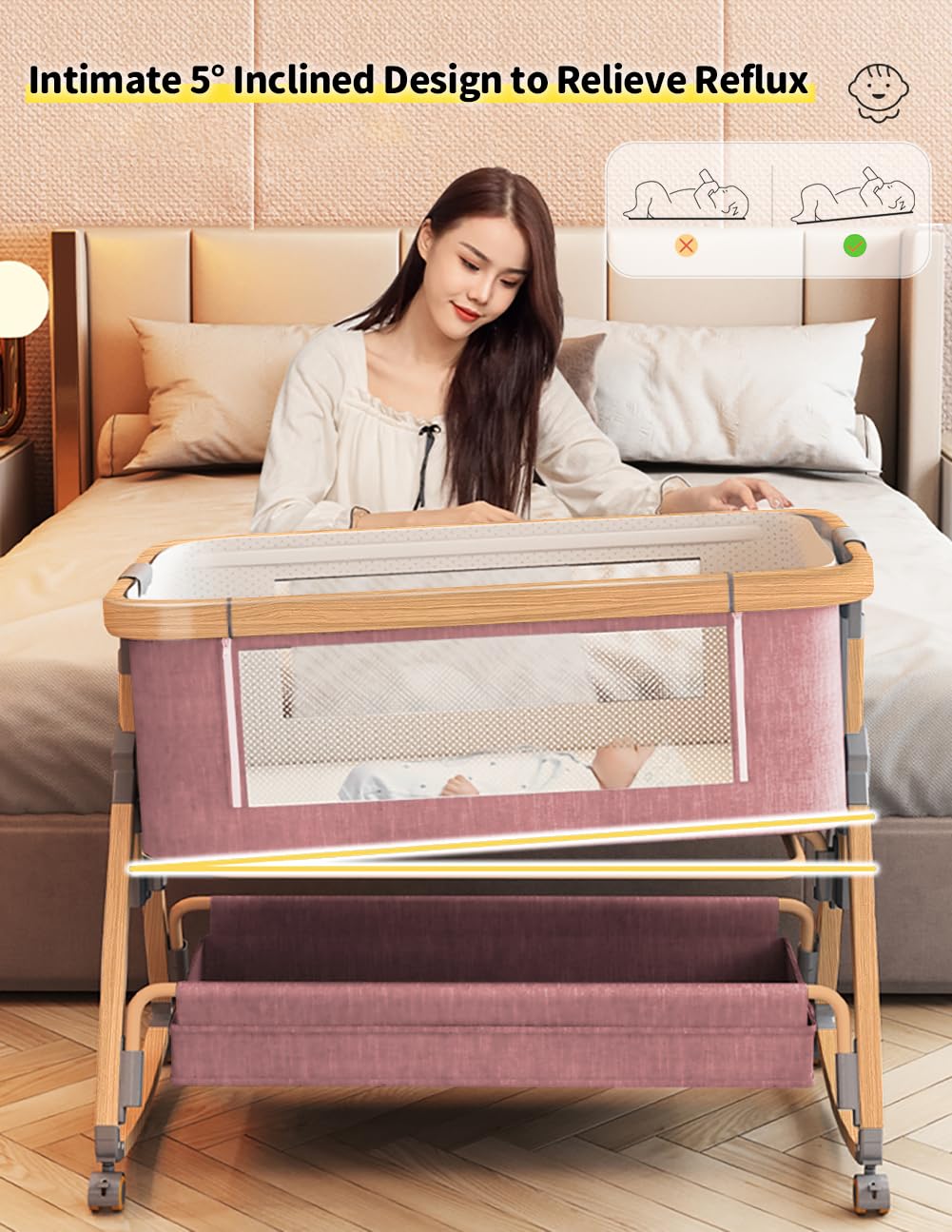 Bonbay 4-in-1 Portable Baby Bassinet Bedside Sleeper with Wheels, Mosquito Net & Storage Basket - 6 Height Adjustable Rocking Crib for Newborns | Perfect for Nursery, Bedroom Co-Sleeping & Travel