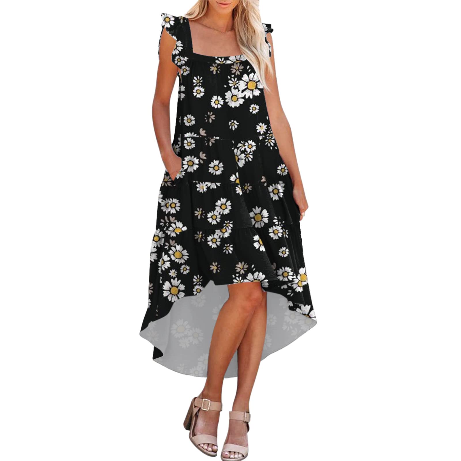 Raopuzi Women's Summer Floral Print Midi Dress with Pockets - Sleeveless, Ruffle Sleeve, Loose Fit & Flowy Pleated Design - Perfect for Beach Vacations, Garden Parties & Casual Outings