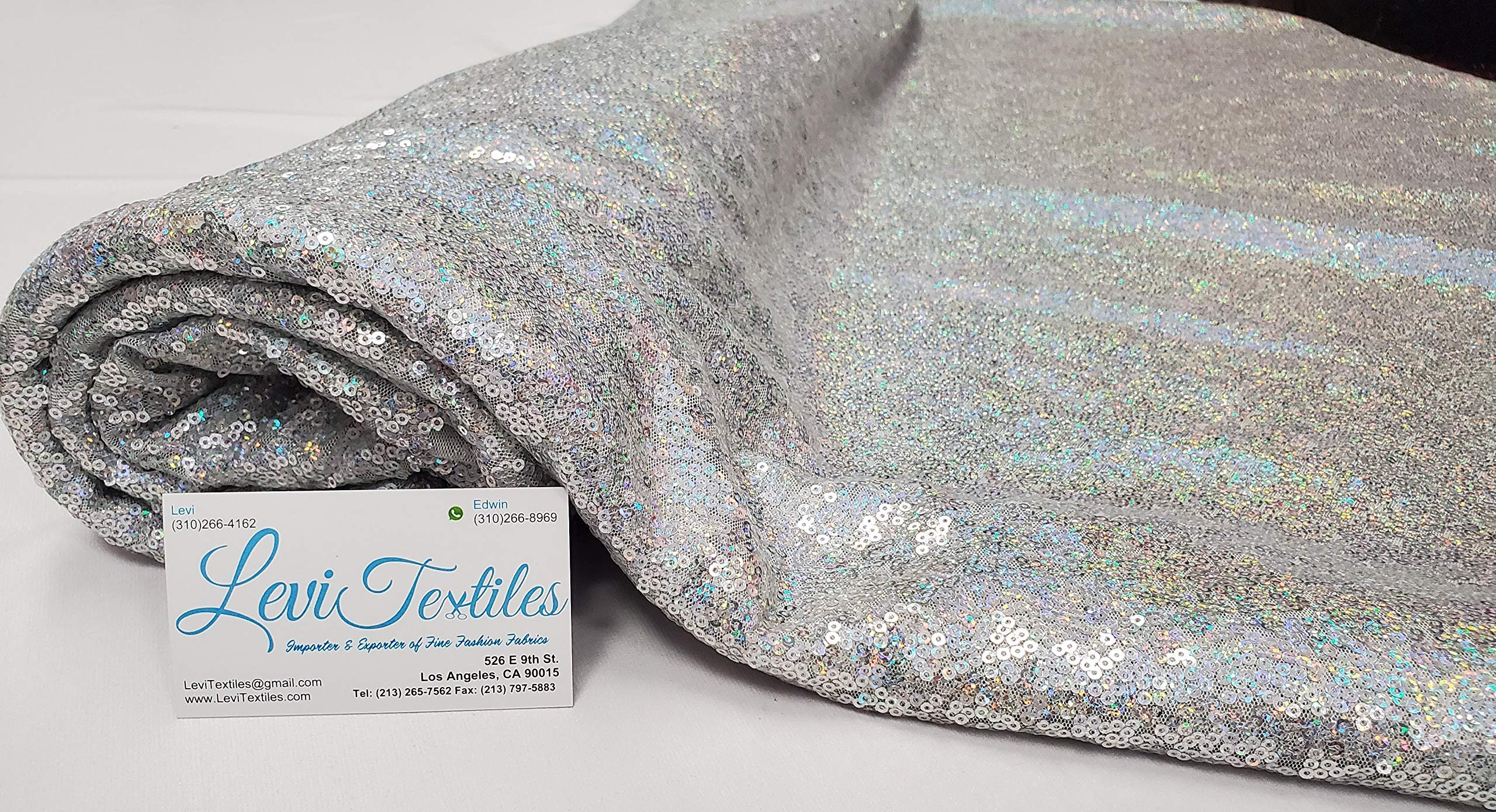 Levi Textiles 3 Feet Iridescent Sequin Fabric by The Yard - Hologram Silver Tablecloth, Linen, Table Runner & Photo Booth Backdrop for Weddings, Parties & Home Decor