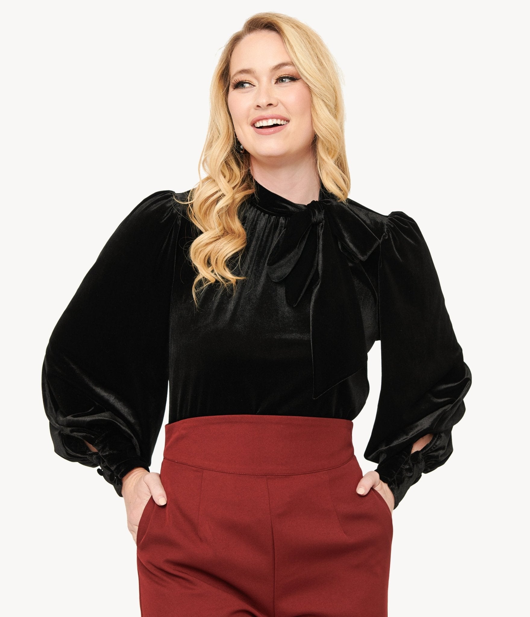 Vintage 1940s Black Velvet Long Sleeve Bow Blouse - Retro Elegant Women's Top for Parties, Weddings & Special Occasions
