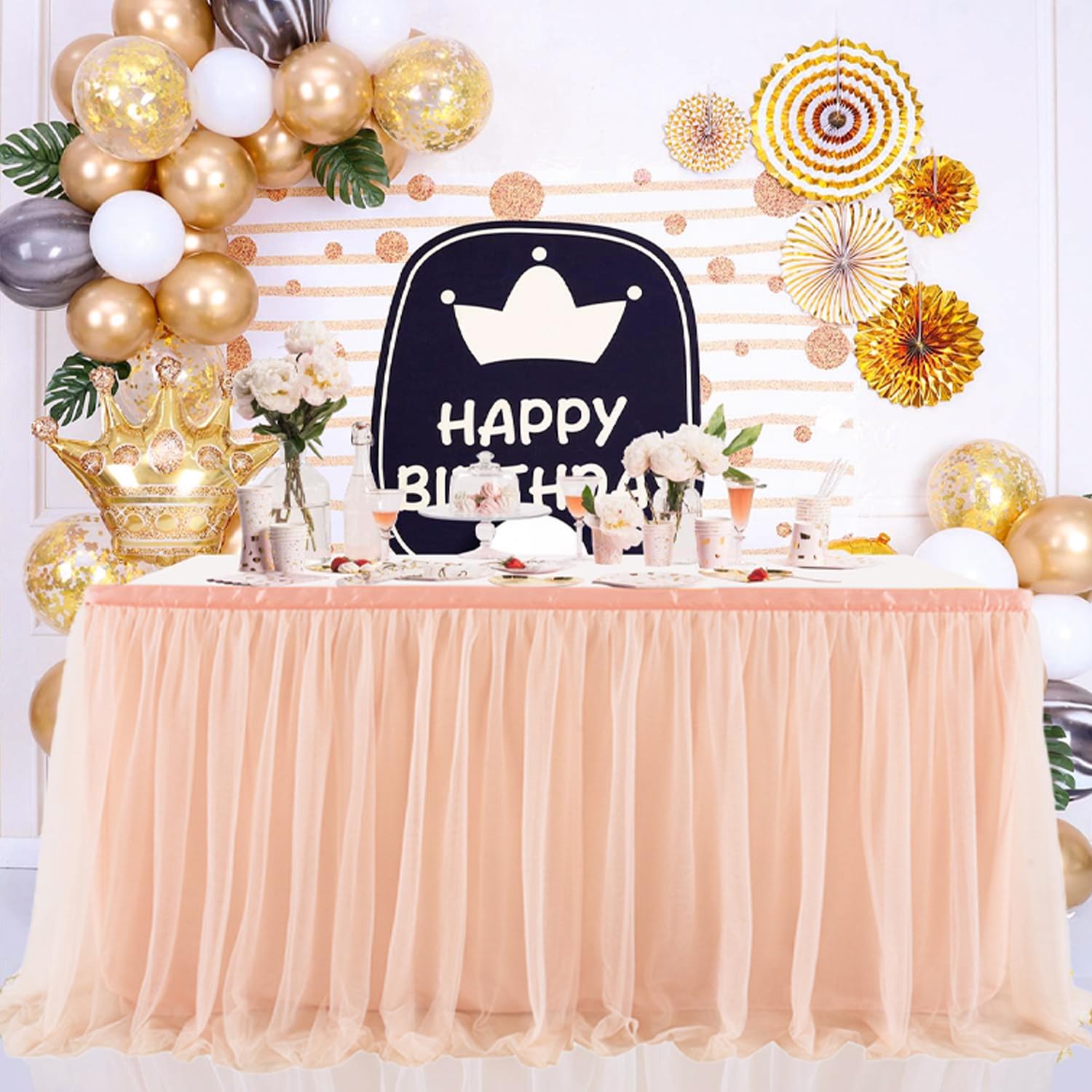 8FT Rose Gold Tulle Table Skirt for Rectangle Tables - Elegant Wedding, Bridal Shower & Birthday Party Decorations - Perfect for Banquet Halls, Reception Tables and Special Event Decor