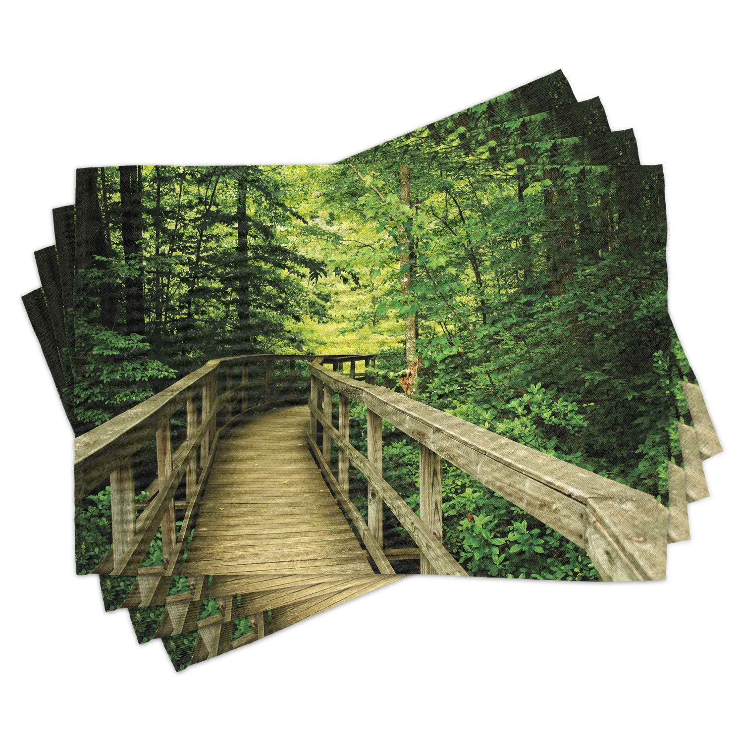 Ambesonne 4-Pack Nature-Themed Placemats - Park Scenery Summer Landscape Eco-Friendly Washable Fabric Table Mats for Dining Room & Kitchen Decor (Khaki Green) | Perfect for Outdoor Picnics, Dinner Parties, and Home Decoration