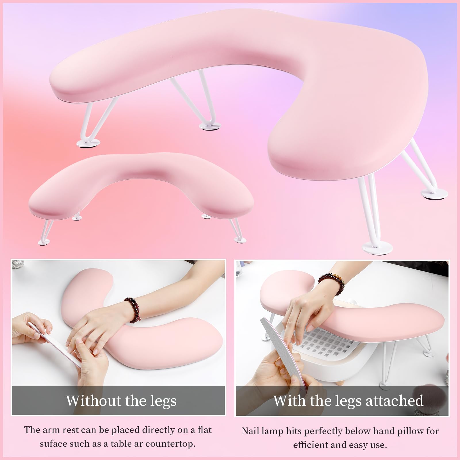 ANGNYA U-Shaped Nail Tech Arm Rest - Microfiber PU Leather Hand Rest Pillow with Detachable Brackets for Acrylic & Gel Nails - Perfect for Salon Professionals & Home Manicures (Pink)