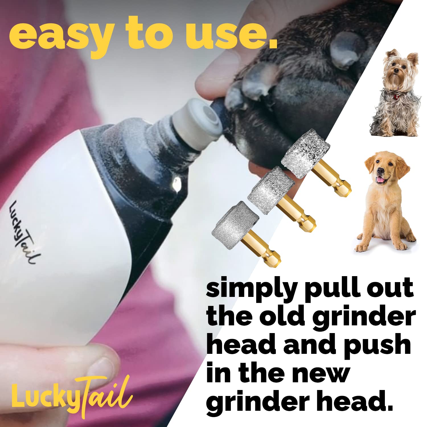 LuckyTail Dog Nail Grinder for Small & Large Dogs - Professional Pet Grooming Kit with Diamond Tip Drill Bit & 3 Replacement Heads (Regular, Hard, Soft) - Premium Quality Nail Trimmer for Safe At-Home Grooming | Perfect for Puppy Care & Senior Dog Maintenance