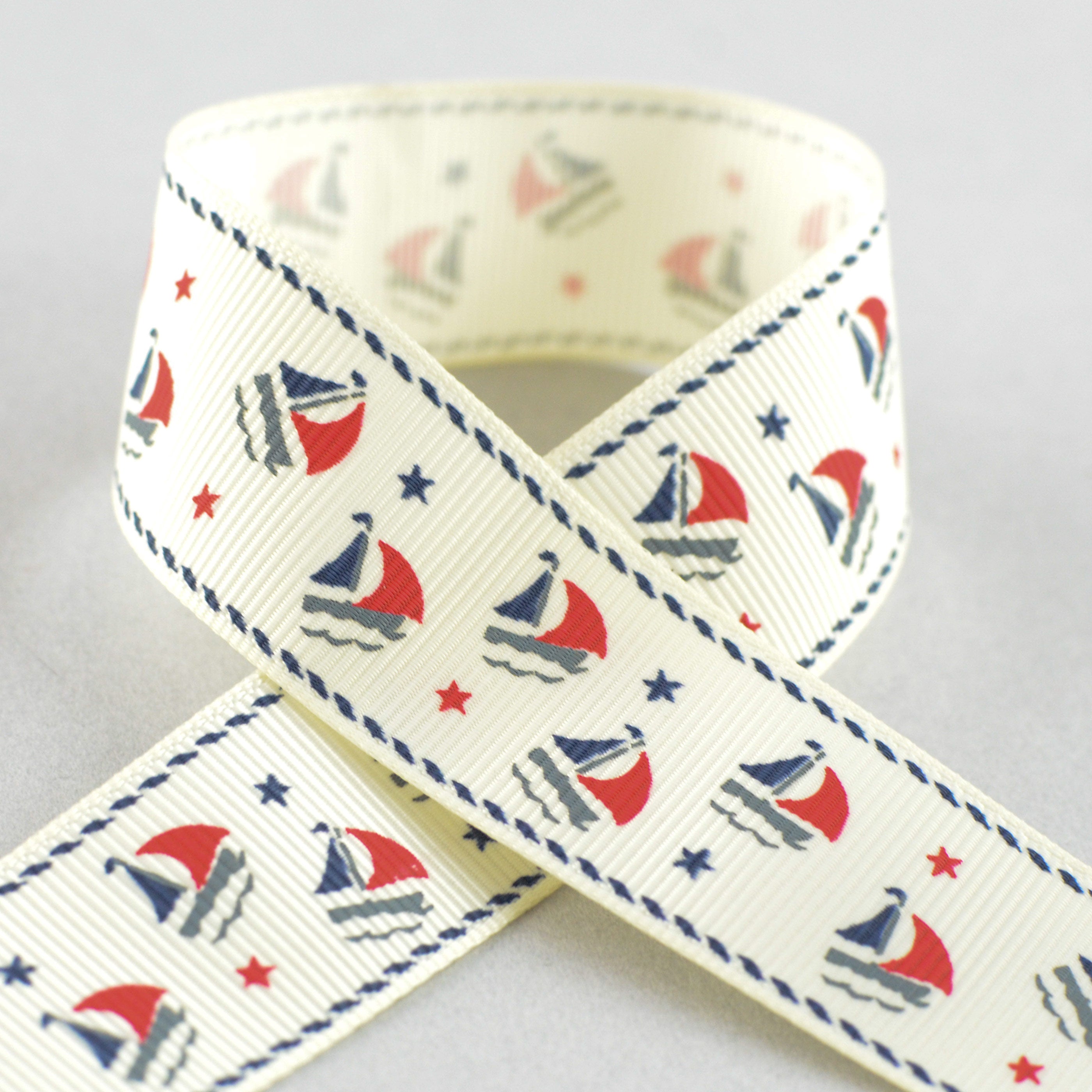1 Sailboat Grosgrain Ribbon - Ivory, Navy & Red (25 Yards) | Nautical Themed Ribbon for Gift Wrapping, DIY Crafts, Wedding Decor & Party Favors