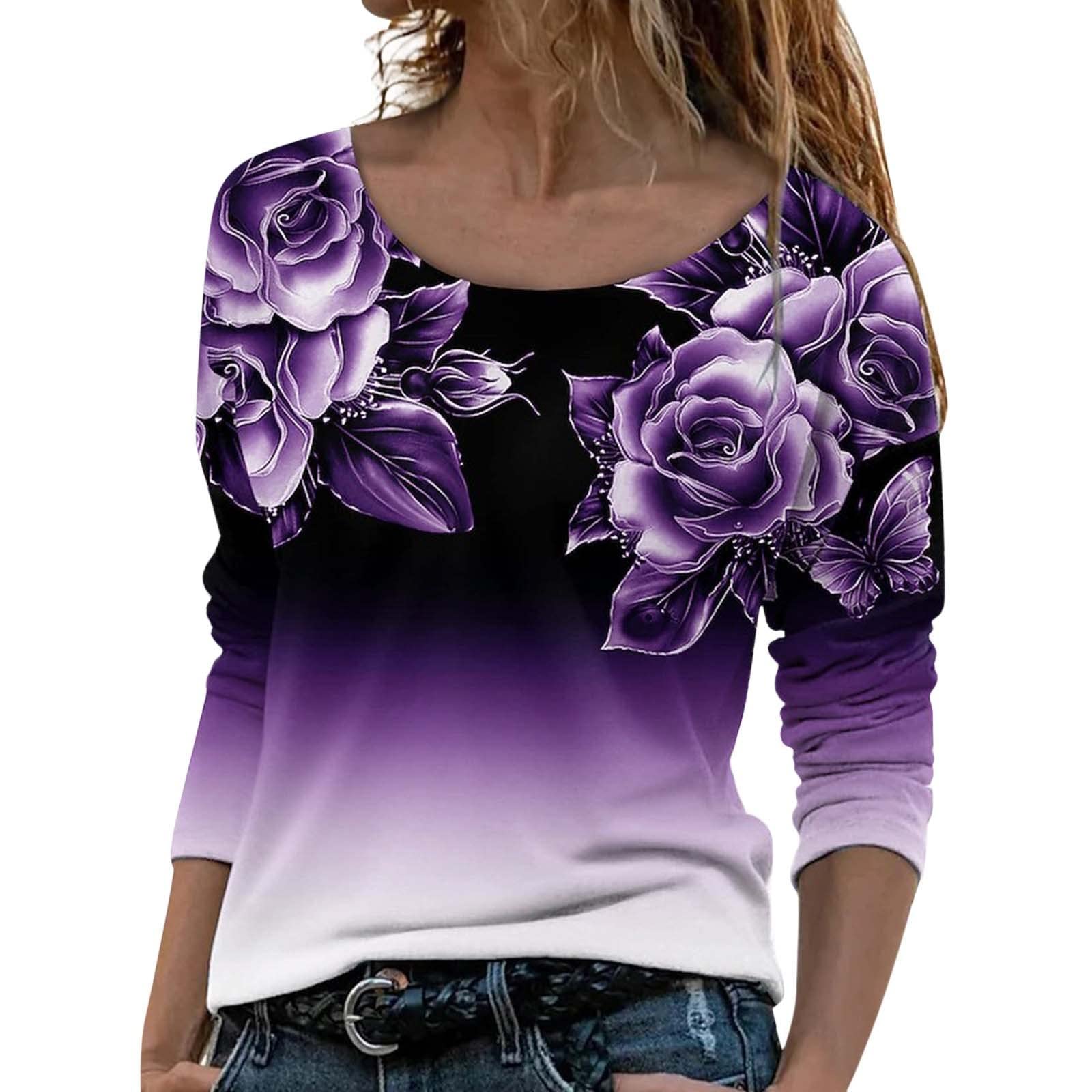 Women's Long Sleeve Loose Fit Round Neck Casual Pullover Rose Printed T-Shirt Top - Soft Cotton Blouse for Everyday Wear, Work & Date Outfits