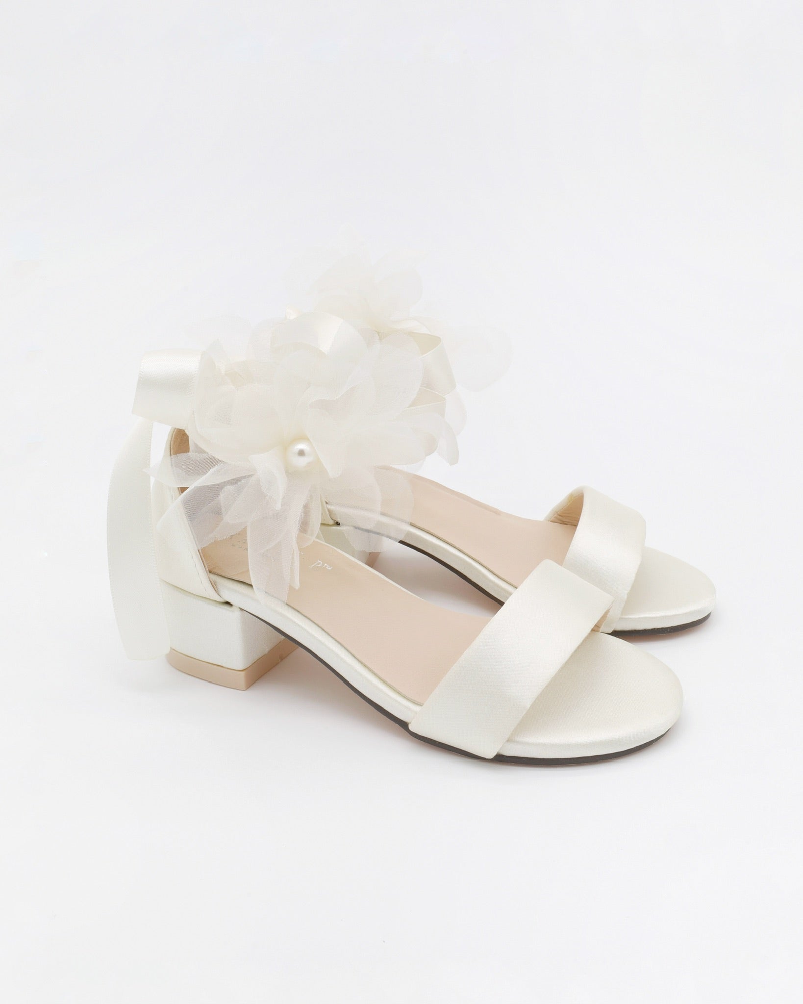 Satin Block Heel Girls Sandals with Ophelia Flowers