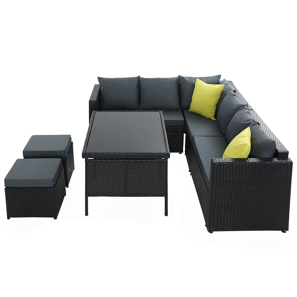 8-Piece Hamilton Outdoor Corner Dining Set with Black Frame & Gray Cushions - Perfect for Patio, Garden, and Backyard Entertaining