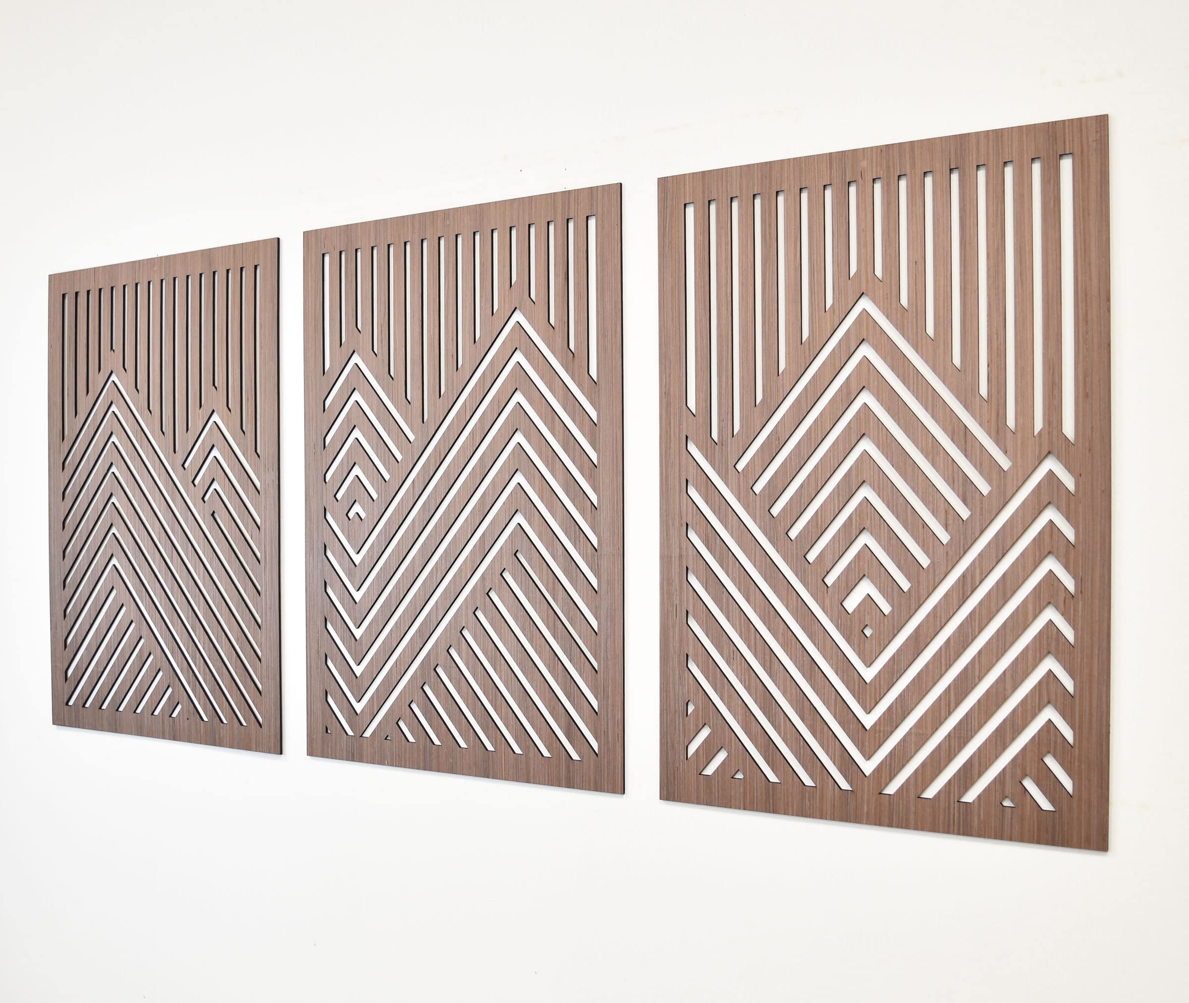 Set of 3 Geometric Wood Wall Art Panels - Mountain Landscape Decor for Living Room, Bedroom & Office