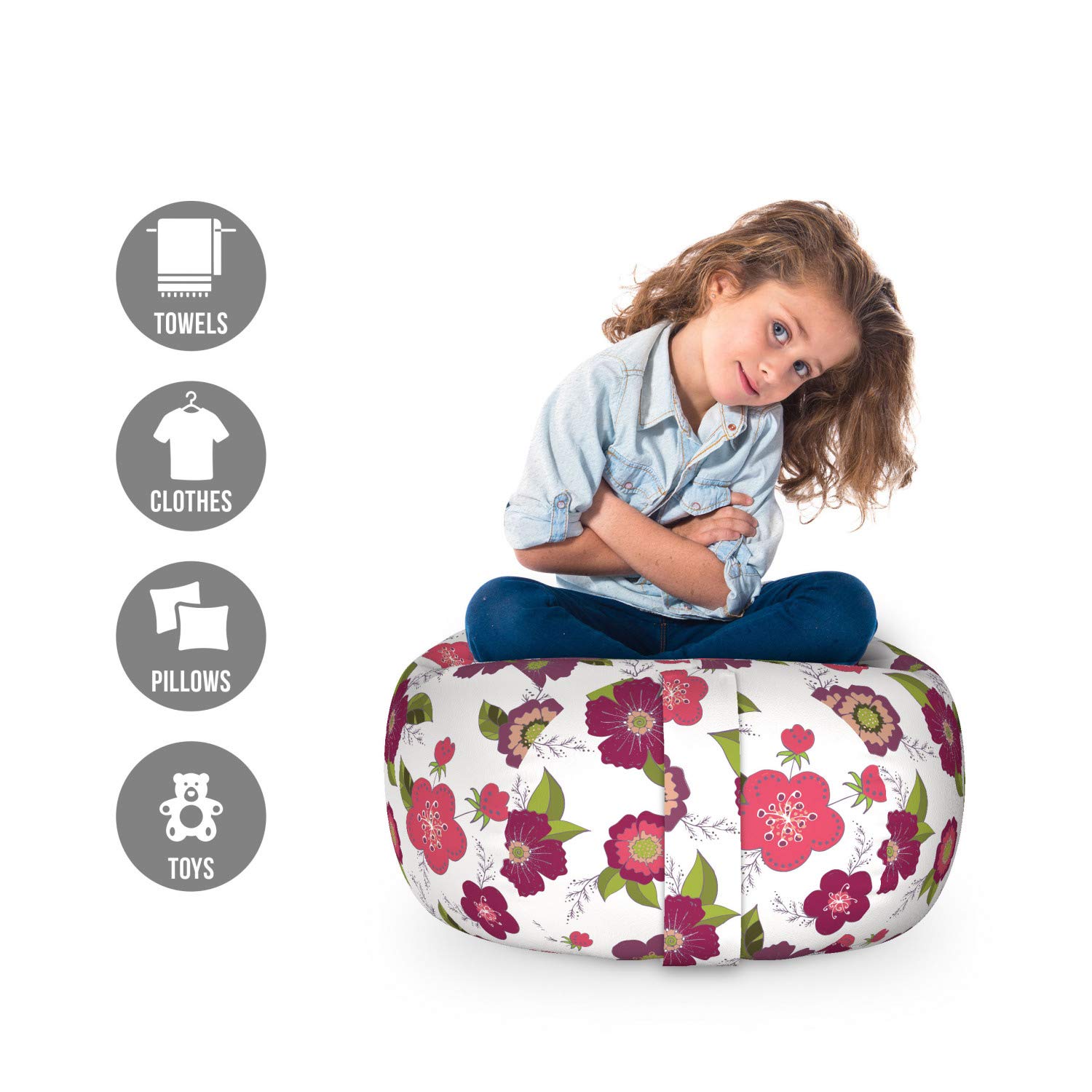 Ambesonne Floral Storage Toy Bag Chair - Romantic Garden Petals Design, Washable Stuffed Animal Organizer, Small Size Coral Raspberry - Perfect for Kids' Room, Nursery, and Toy Organization