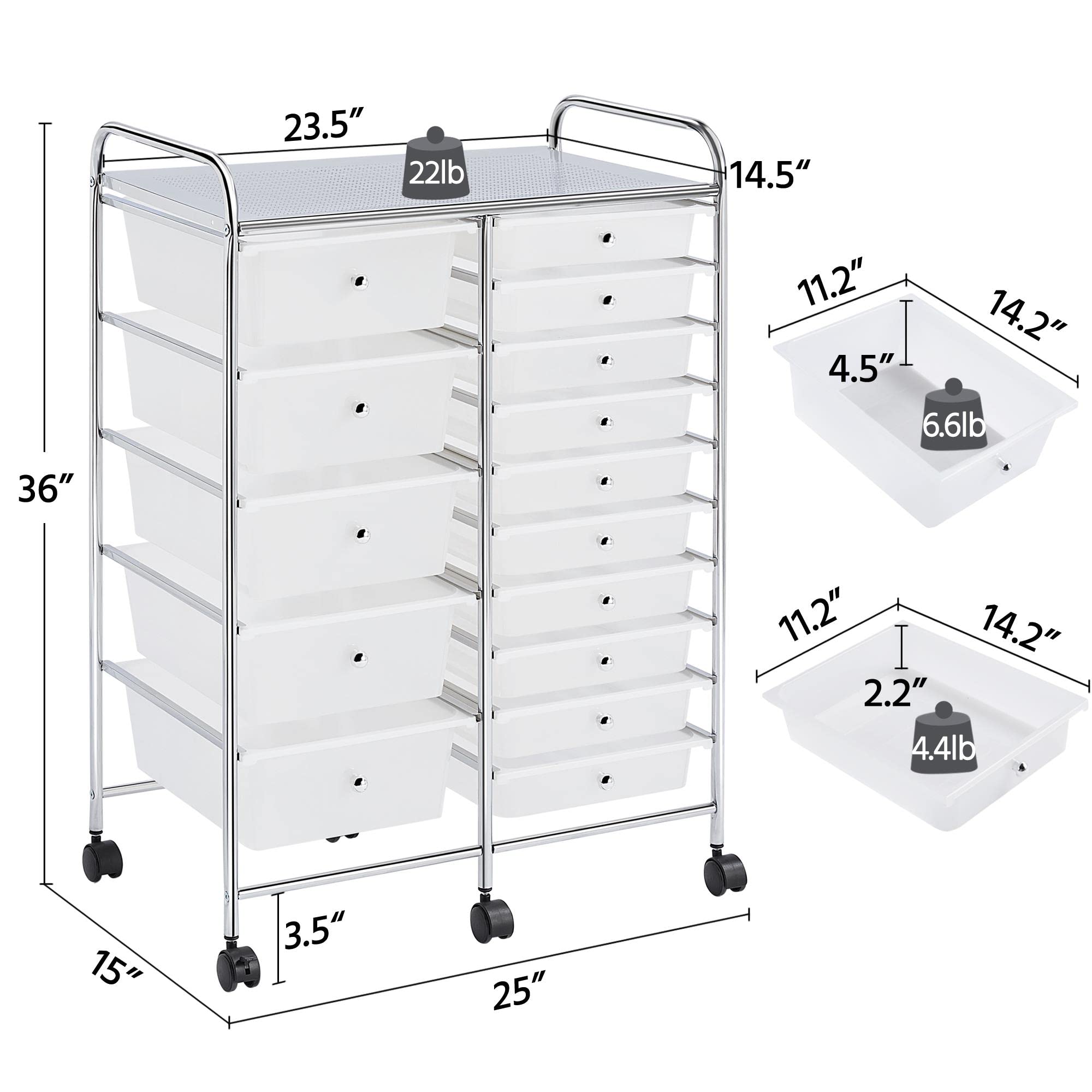 Yaheetech 15-Drawer Rolling Cart - Mobile Storage Organizer for Home & Office, White