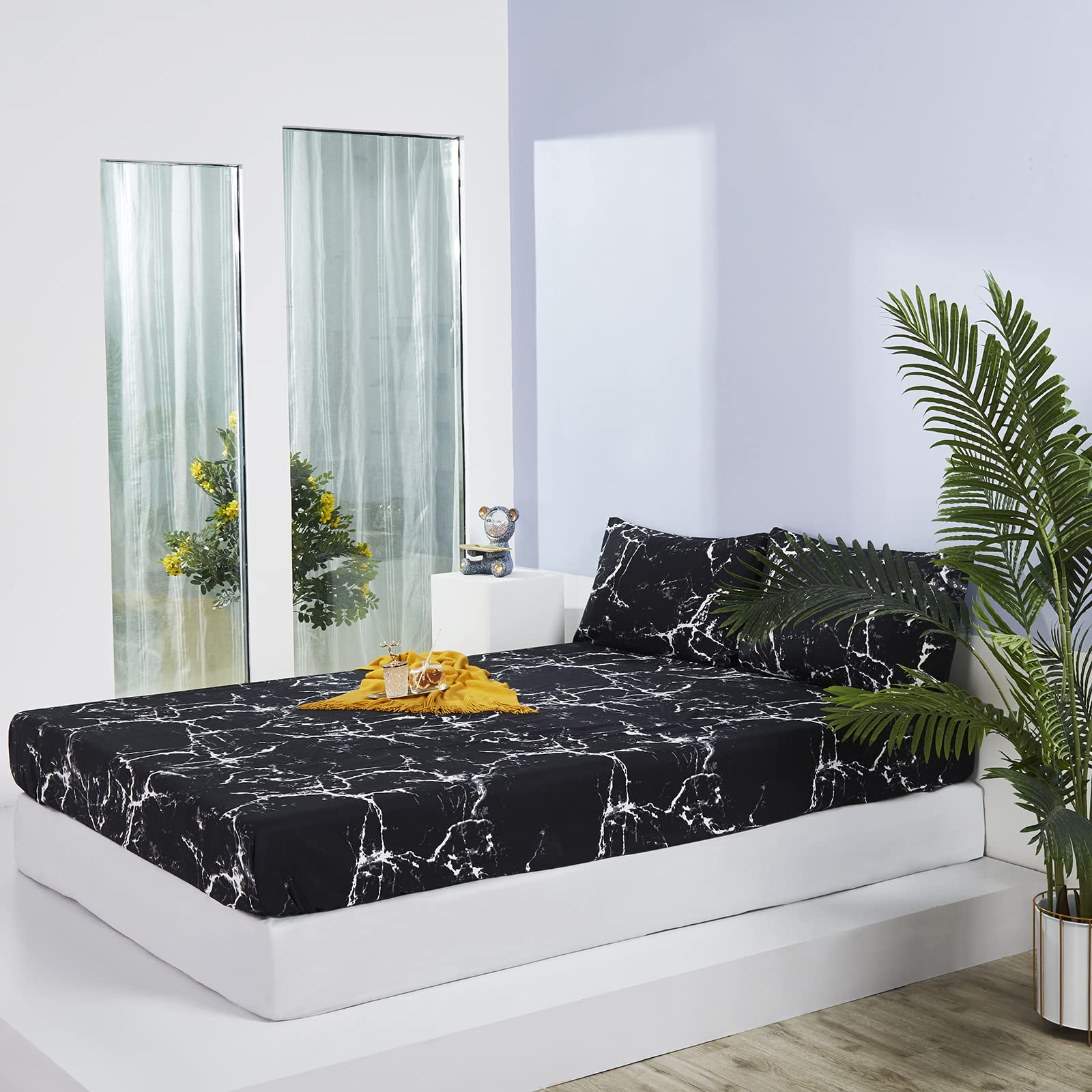 Premium Black Marble Bed Sheet Set - 4 Piece Full Size Bedding with Fitted Sheet, Flat Sheet & 2 Pillowcases - Soft Luxury Sheets for Women & Men - Perfect for Master Bedroom, Guest Room & Dorm Decor