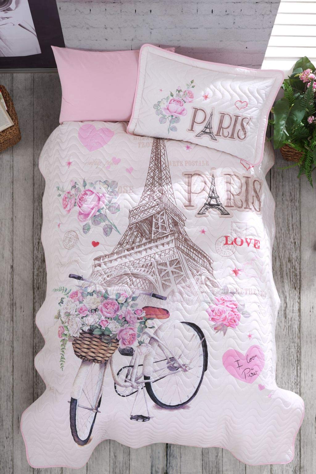 Paris Themed Bedding Set - Eiffel Tower Single/Twin Size Bedspread & Coverlet, 2-Piece Pink Girls' Bedroom Decor | Perfect for Teen Rooms, Dormitories & Paris-Inspired Home Decor