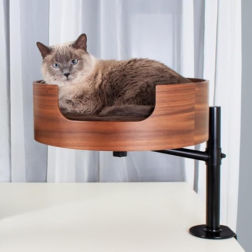 Desk Nest® Elevated Cat Bed – Space-Saving 360° Adjustable Pet Bed for Home Office – Supports 25 lbs with Secure Walnut Wood Finish – Stylish & Durable Desk Perch for Cats – Perfect for Work from Home & Small Spaces