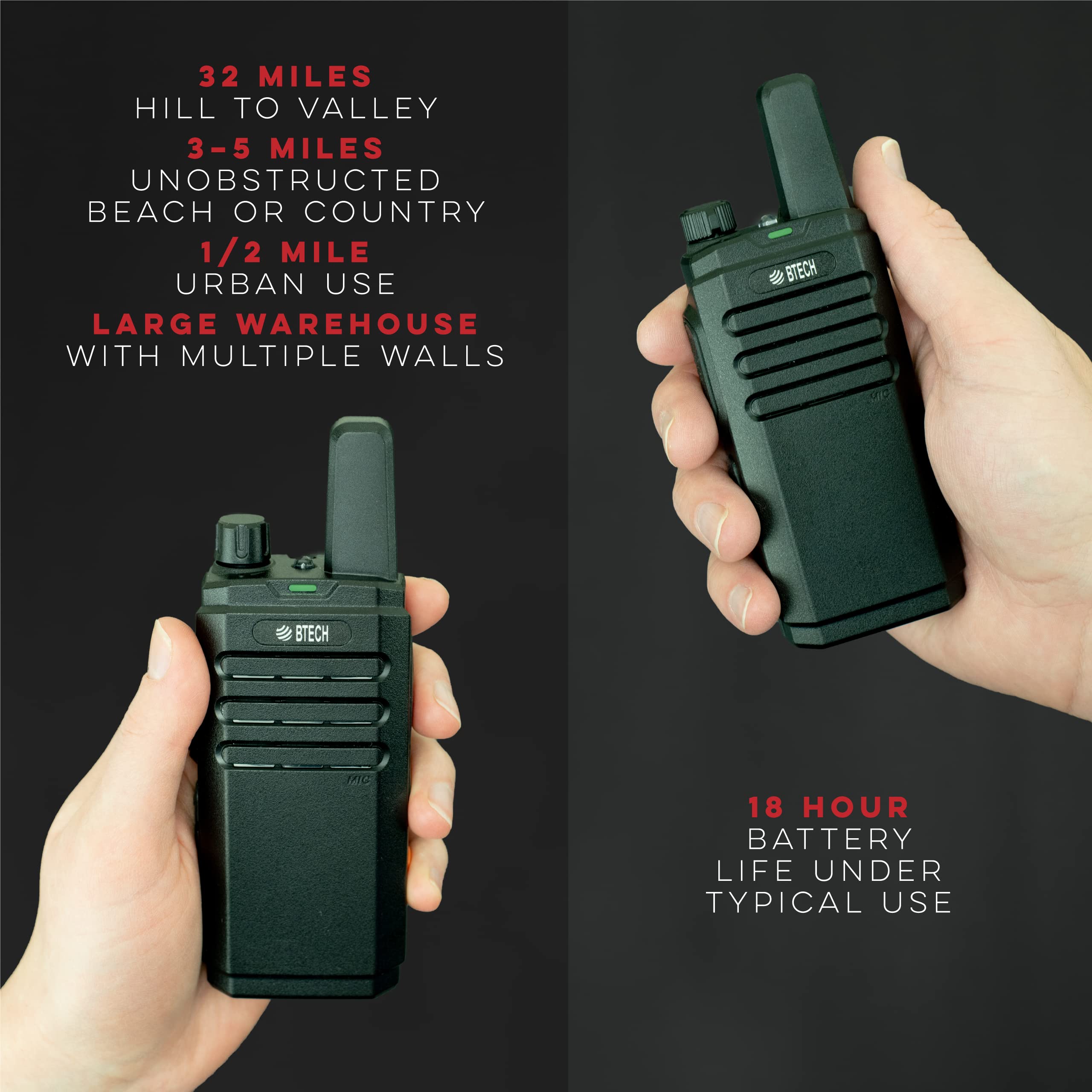 BTECH FRS-B1 2-Pack Business Walkie Talkies for Adults - NOAA Weather Alert Two-Way Radios with High Output, Built-in Flashlight, Earpiece Kit, Holsters & Desktop Charger - Ideal for Construction, Security, Outdoor Adventures & Emergency Preparedness