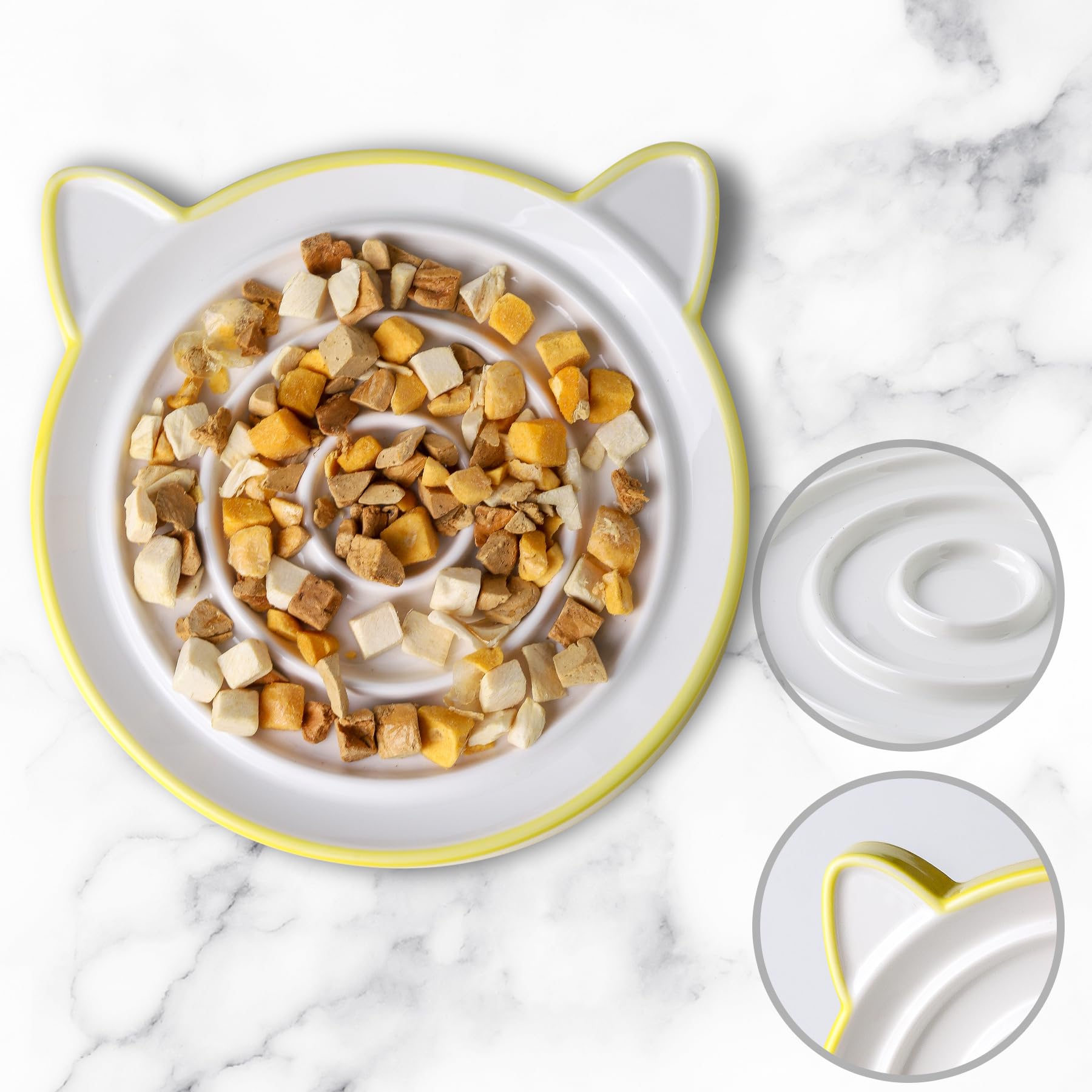 Cat Slow Feeder Bowl - 8.8'' Ceramic Puzzle Feeder with Cat Ears Design, Heavy & Shallow Whisker-Friendly Pet Dish for Stress-Free Eating - Perfect for Fast Eaters & Portion Control (Yellow)