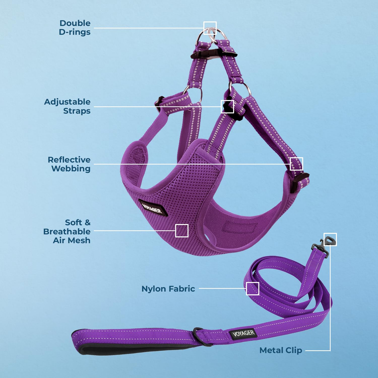 Premium Adjustable No-Pull Dog Harness with Leash Set - Heavy Duty Reflective Vest for Walking, Training & Outdoor Adventures - Breathable All-Weather Design (Purple, Large) - Perfect for Daily Walks, Hiking & Pet Travel Safety