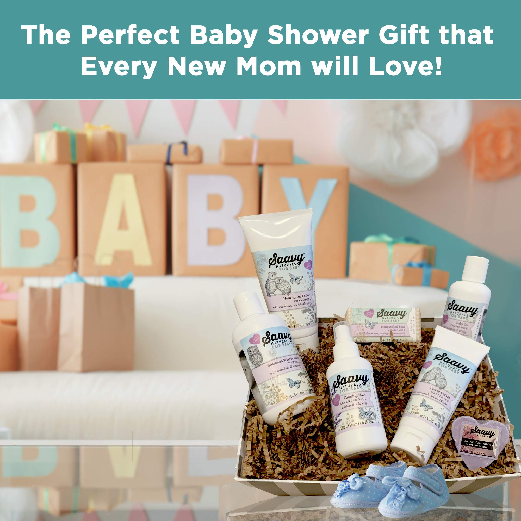 Organic Baby Shower Gift Set - 6-Piece Natural Bath Essentials for Newborns & Infants | Includes Soap Bars, Lotion, Shampoo, Baby Oil, Calming Spray & Diaper Cream | Chamomile Lavender Scented | Perfect New Mom Care Package & Baptism Present