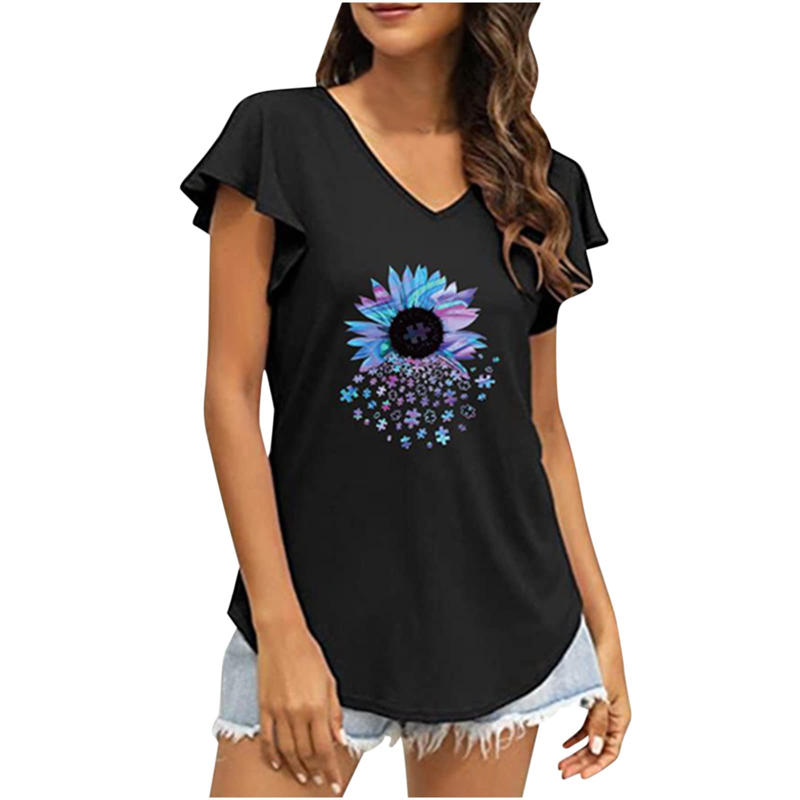 Women's Summer Casual Ruffle Short Sleeve V-Neck Tunic Top - Floral Sunflower Print Blouse for Beach, Vacation & Everyday Wear | Lightweight Breathable Tee Shirt