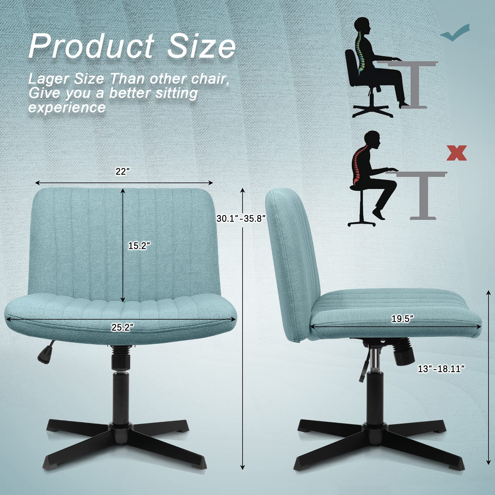LEMBERI Ergonomic Fabric Padded Desk Chair - Armless Swivel Office Chair with 120° Rocking & Mid Back Support for Home Office, Computer Work, Makeup Vanity | Perfect for Small Spaces, Bedrooms & Compact Work Areas