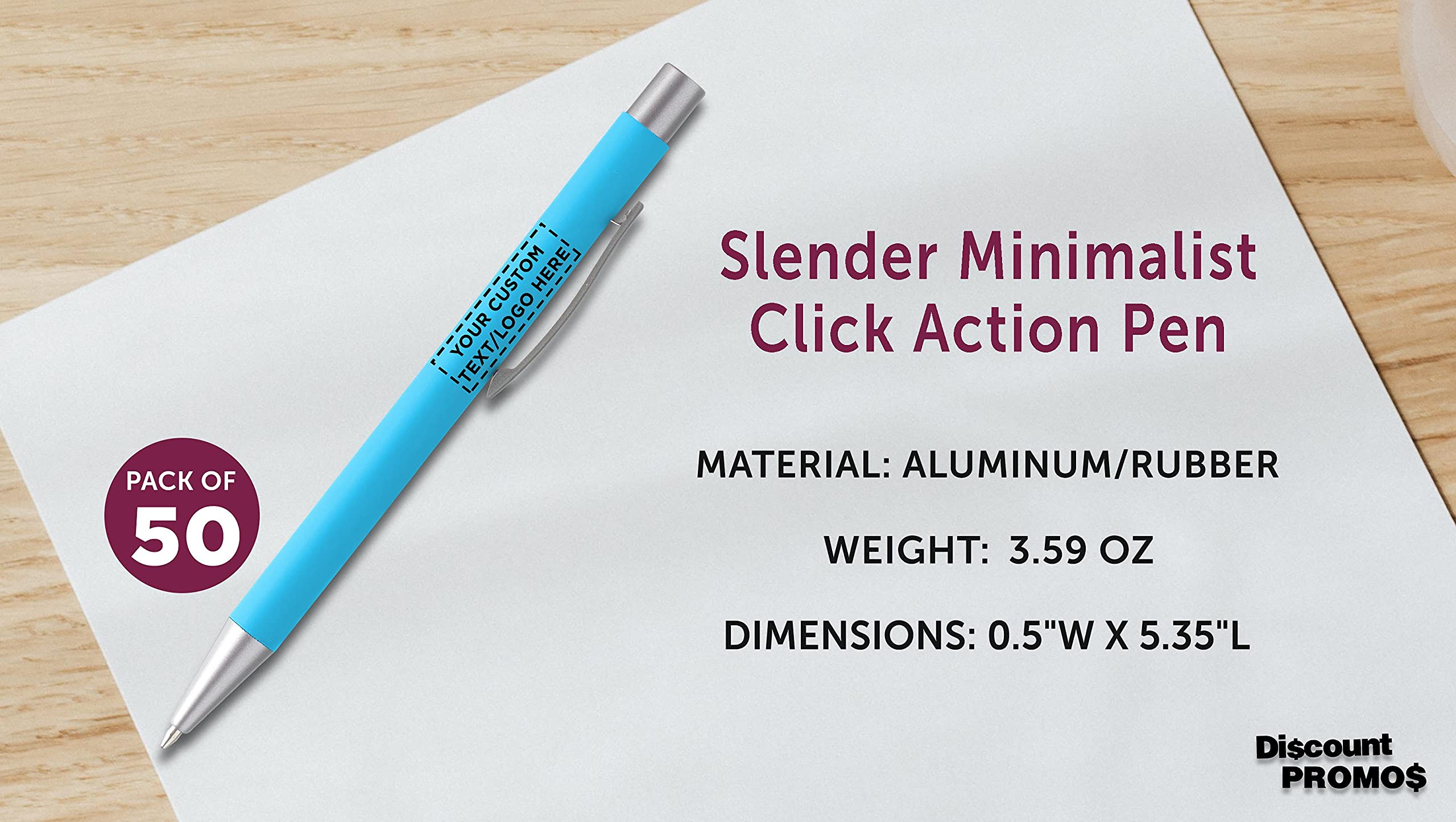 50 Pack Cordova Rubber Coated Metal Pens with Custom Text/Logo - Smooth Writing Push Action Ballpoint Pens with Black Ink (Light Blue) - Perfect for Office, School, Corporate Gifts & Promotional Events