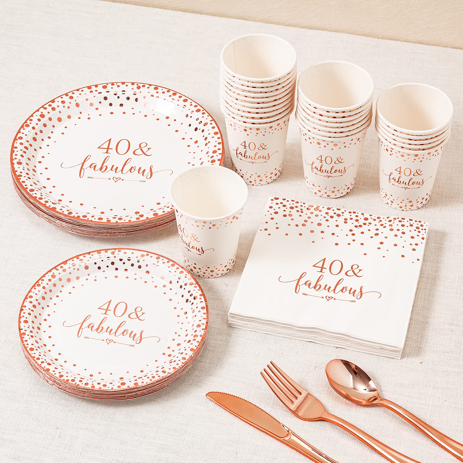 40th Birthday Party Decorations - Rose Gold Foil Disposable Tableware Set (24-Piece) with 9