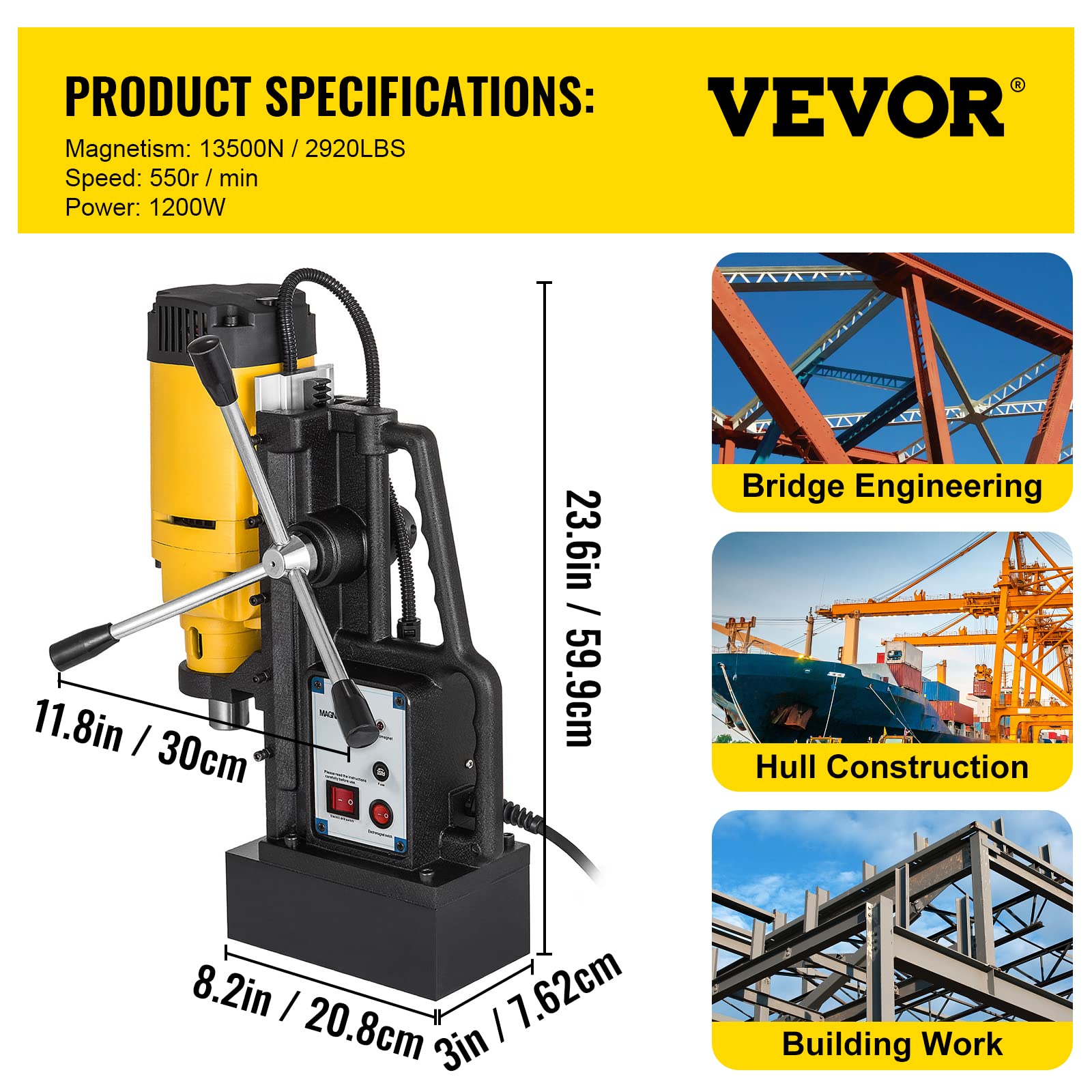 VEVOR 1200W Portable Magnetic Drill Press - 9/10 Inch (23mm) Boring Diameter, 2920 Lbs Magnetic Force, 500RPM Electric Magnetic Drilling Machine for Metalworking, Construction, and DIY Projects
