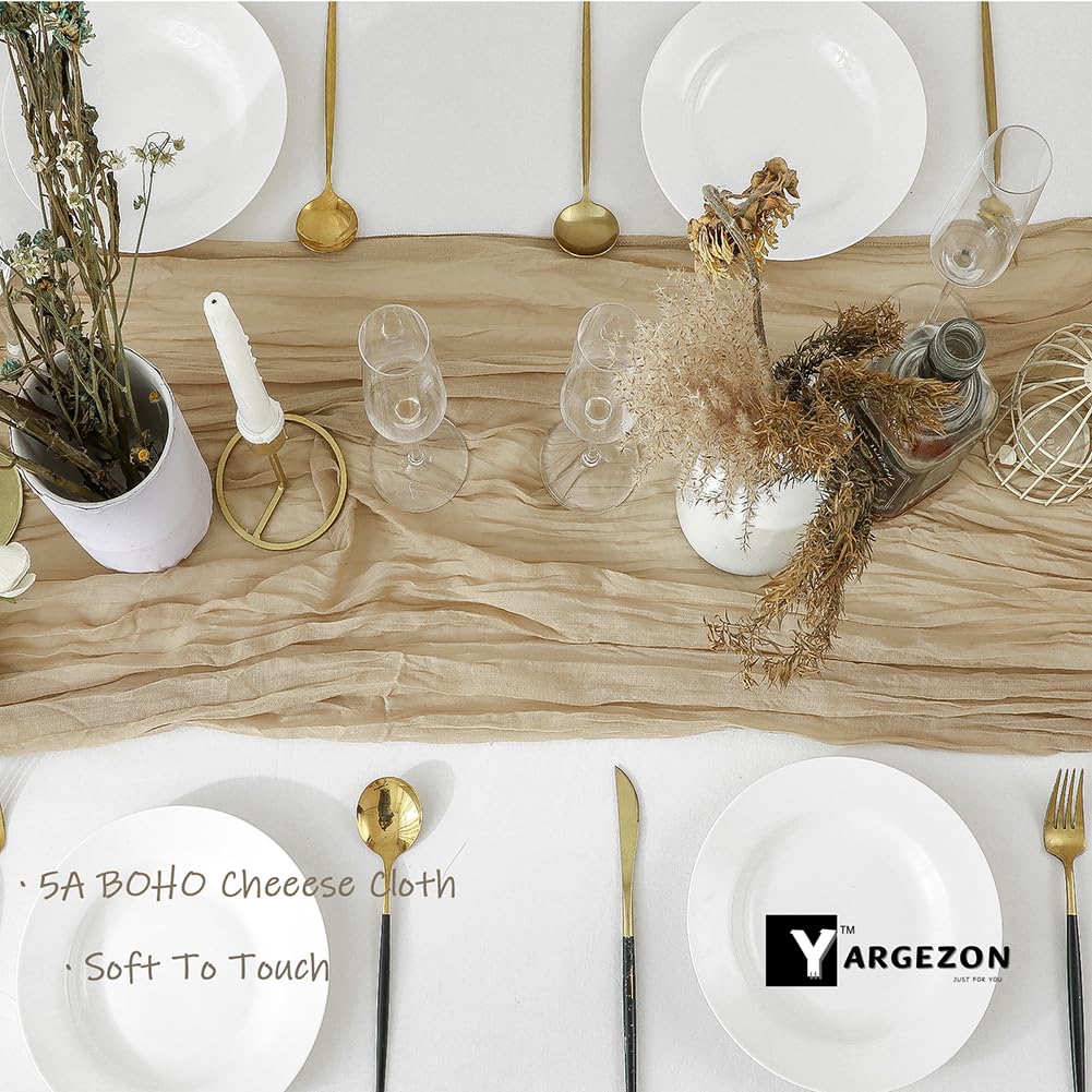 12 Pack 10 Ft Tan Beige Cheesecloth Table Runner - 35 x 120 Inch Natural Gauze Fabric Table Decor for Wedding, Bridal Shower, Baby Shower, Rustic Party & Boho Home Decor - Perfect for Dining Tables, Buffets, and Event Centerpieces