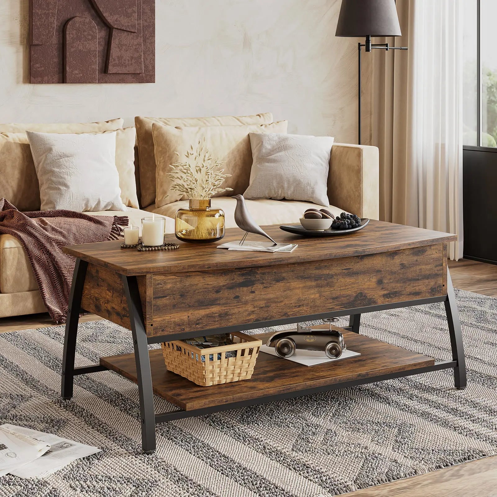 Bestier Lift Top Coffee Table with Storage - Modern Convertible Ottoman for Living Room, Bedroom, and Office Use